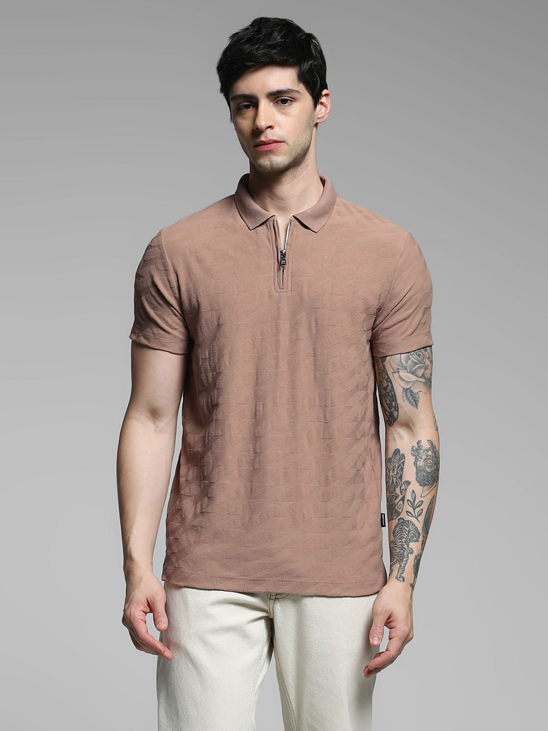 Brown Textured Zip Detail Polo