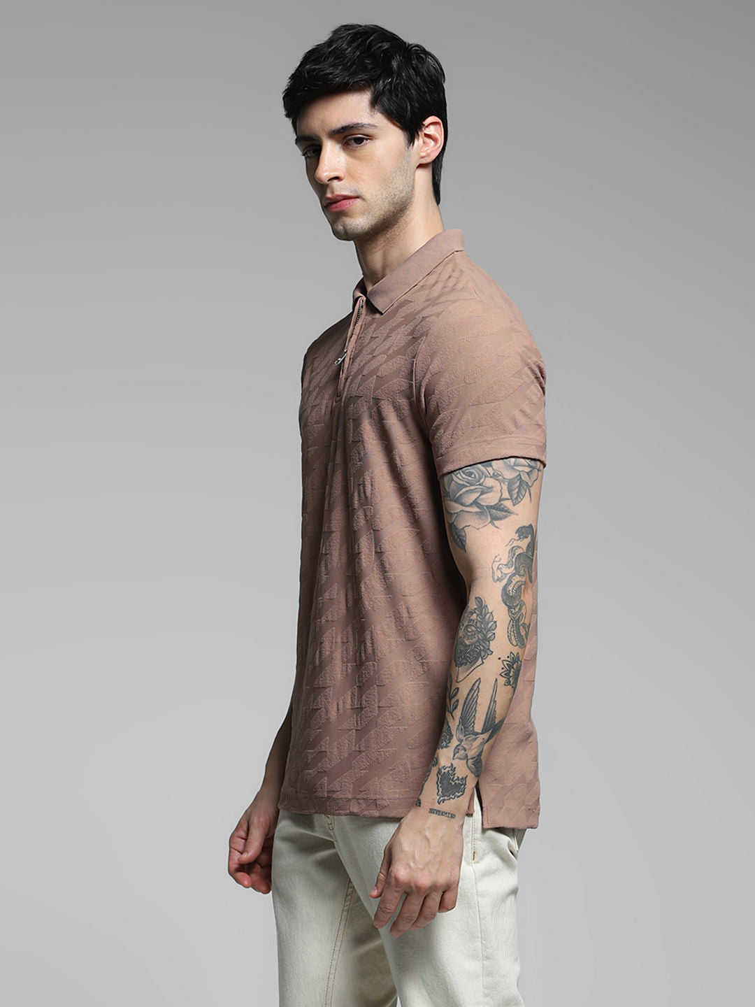 Brown Textured Zip Detail Polo