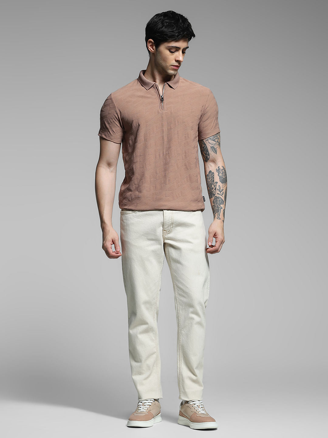 Brown Textured Zip Detail Polo