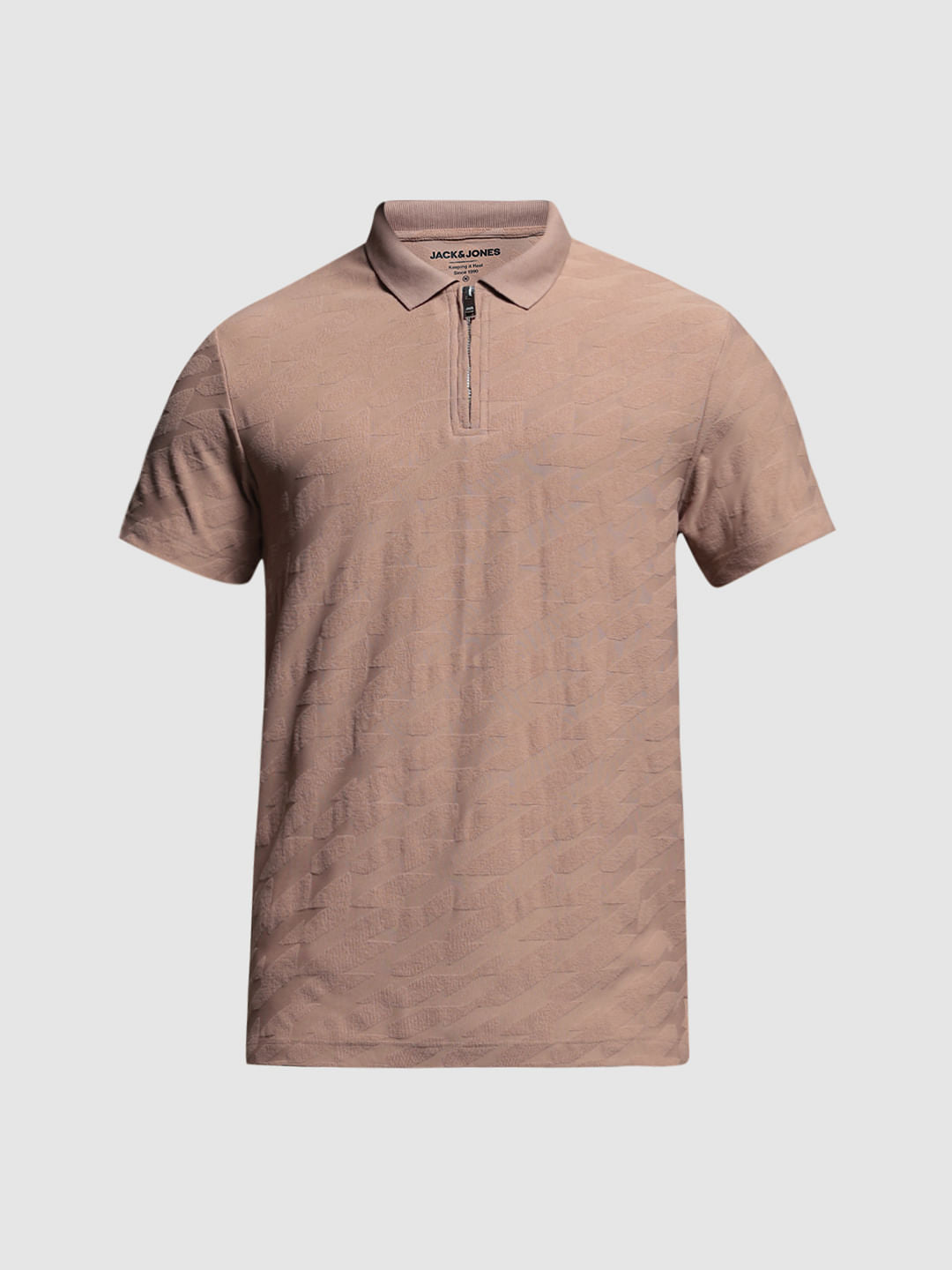 Brown Textured Zip Detail Polo