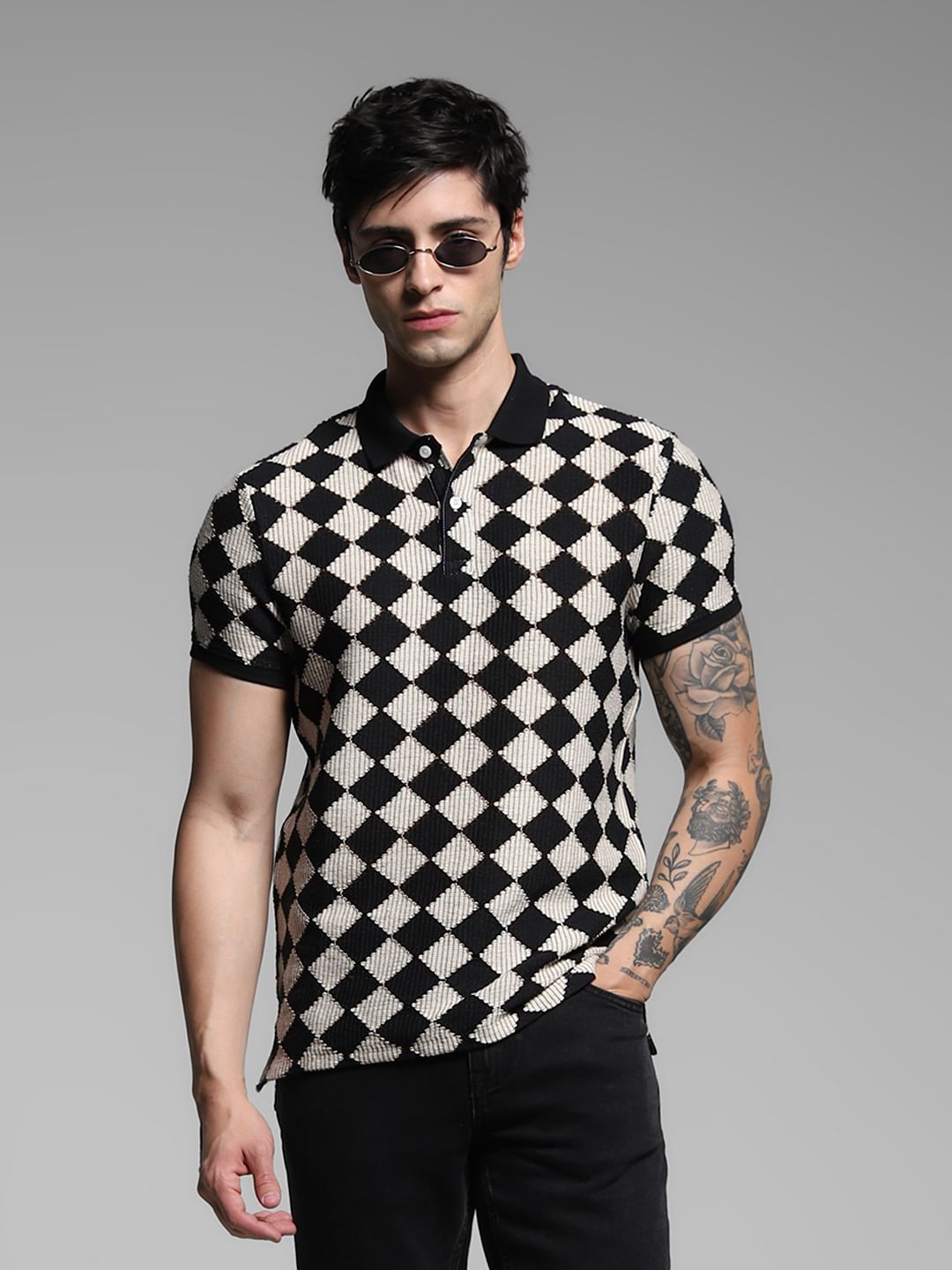 Black Abstract Print Jacquard Polo - M
