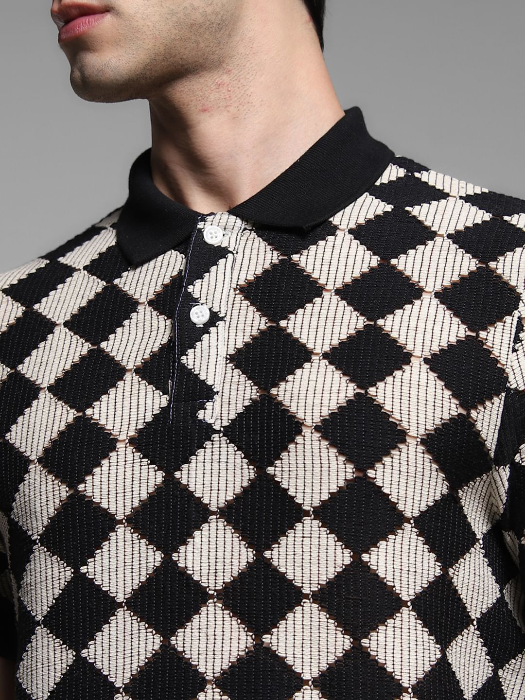 Black Abstract Print Jacquard Polo