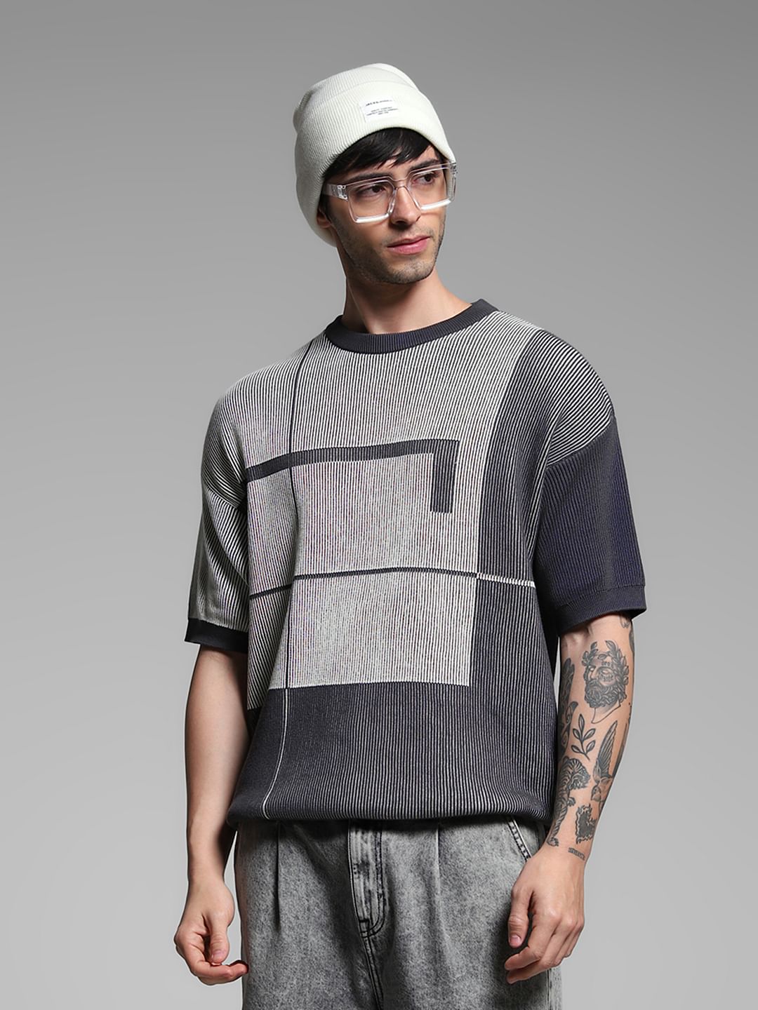 Grey Knitted Geometric Print T-Shirt - XL