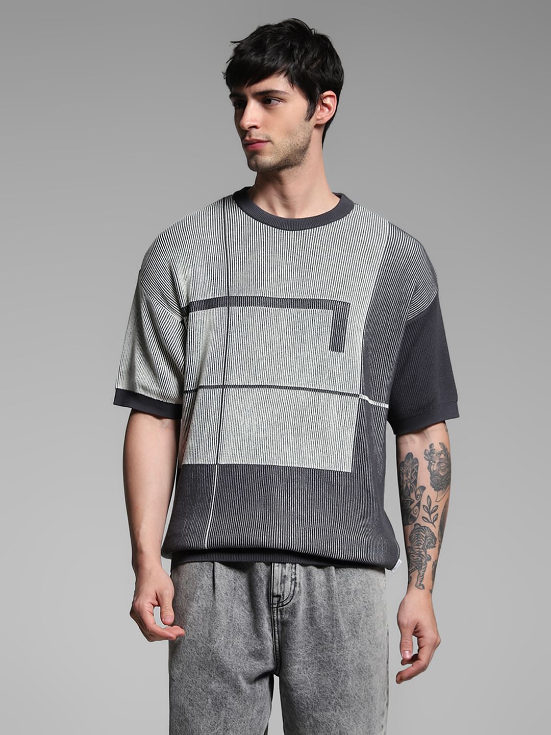 Grey Knitted Geometric Print T-Shirt