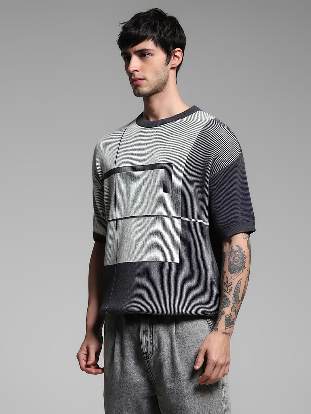 Grey Knitted Geometric Print T-Shirt