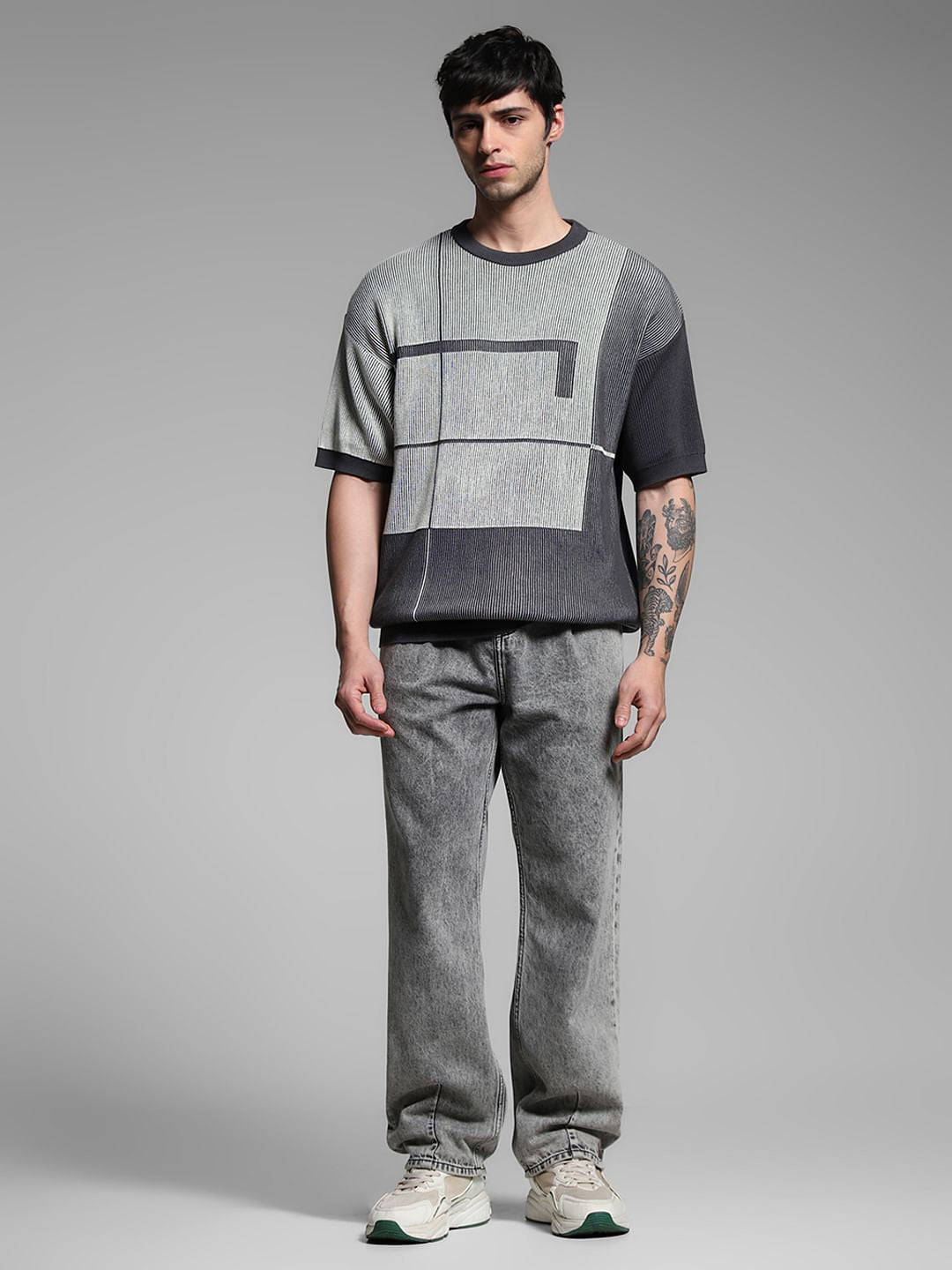 Grey Knitted Geometric Print T-Shirt