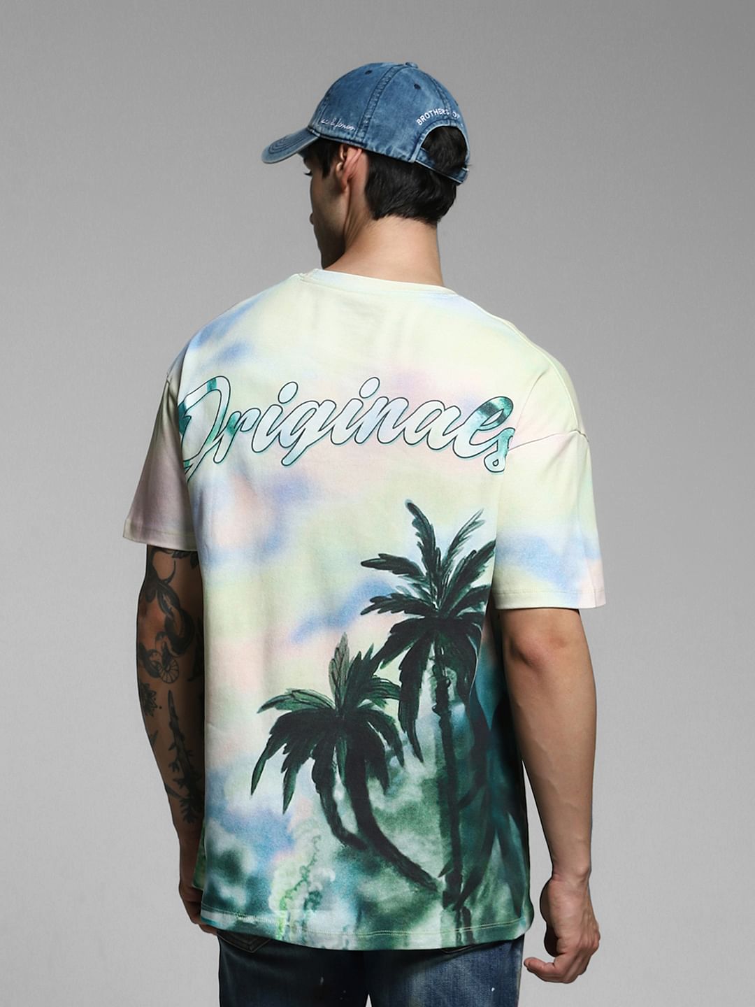 Light Yellow Tropical Print Oversized T-shirt - L