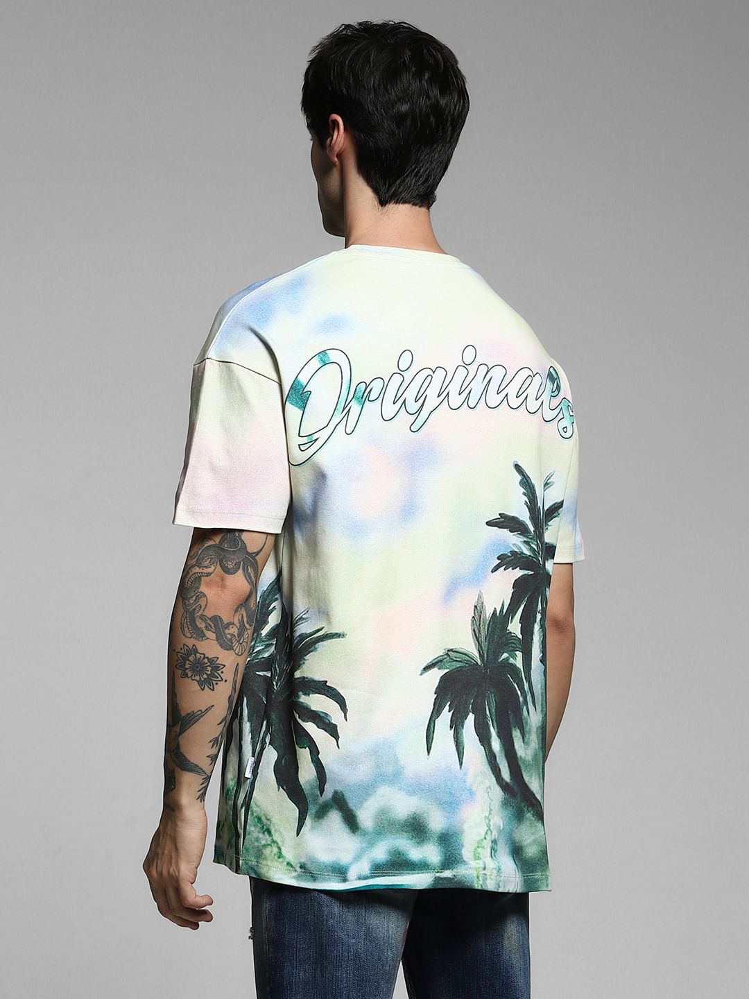 Light Yellow Tropical Print Oversized T-shirt