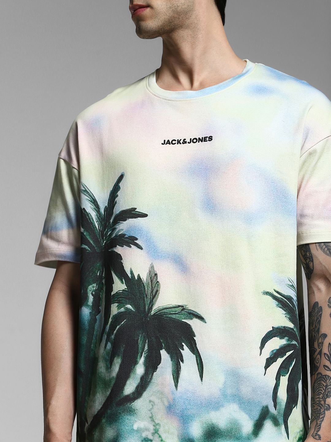 Light Yellow Tropical Print Oversized T-shirt