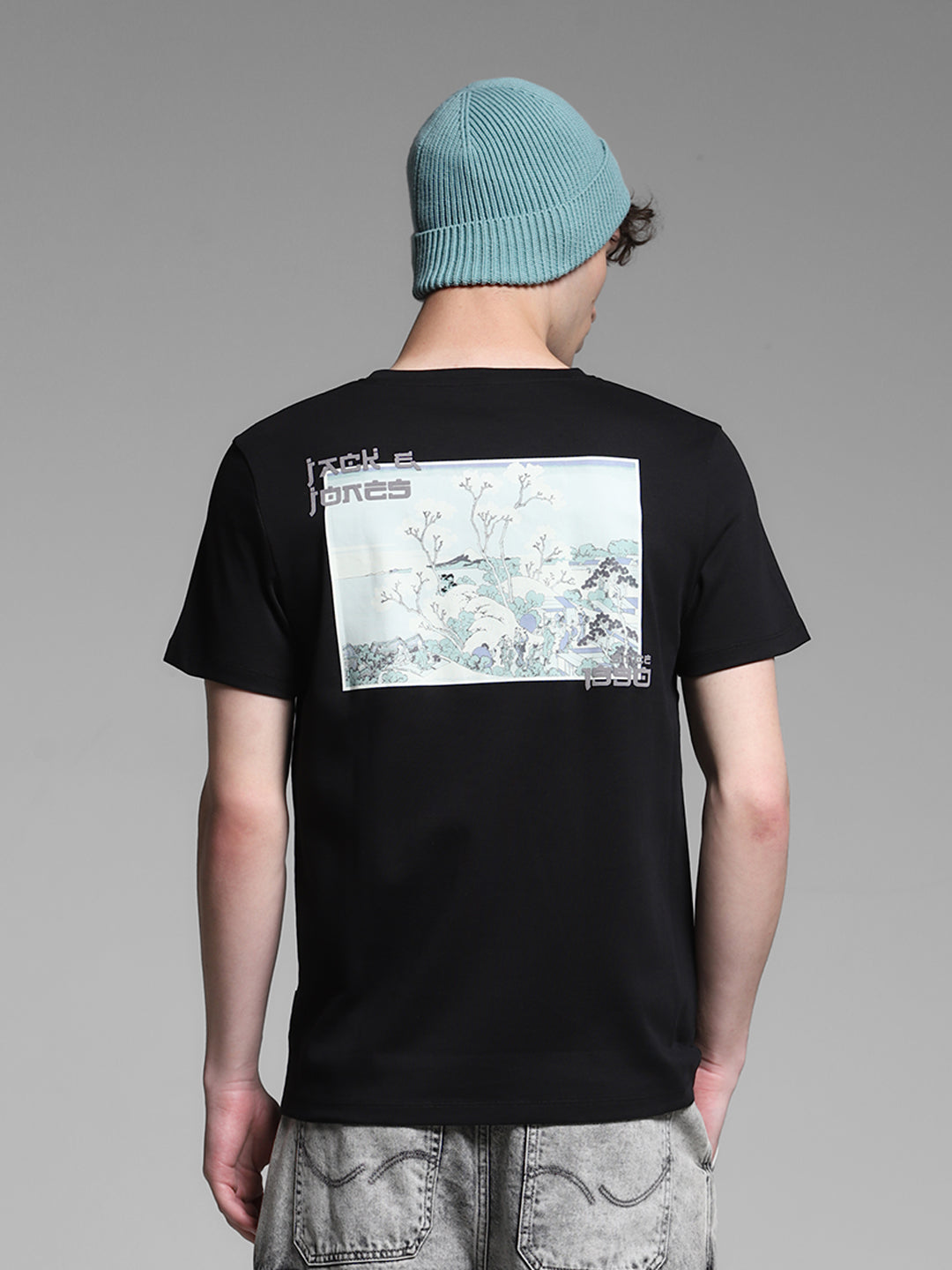 JACK&JONES Black Regular Fit Placement Print T-Shirts