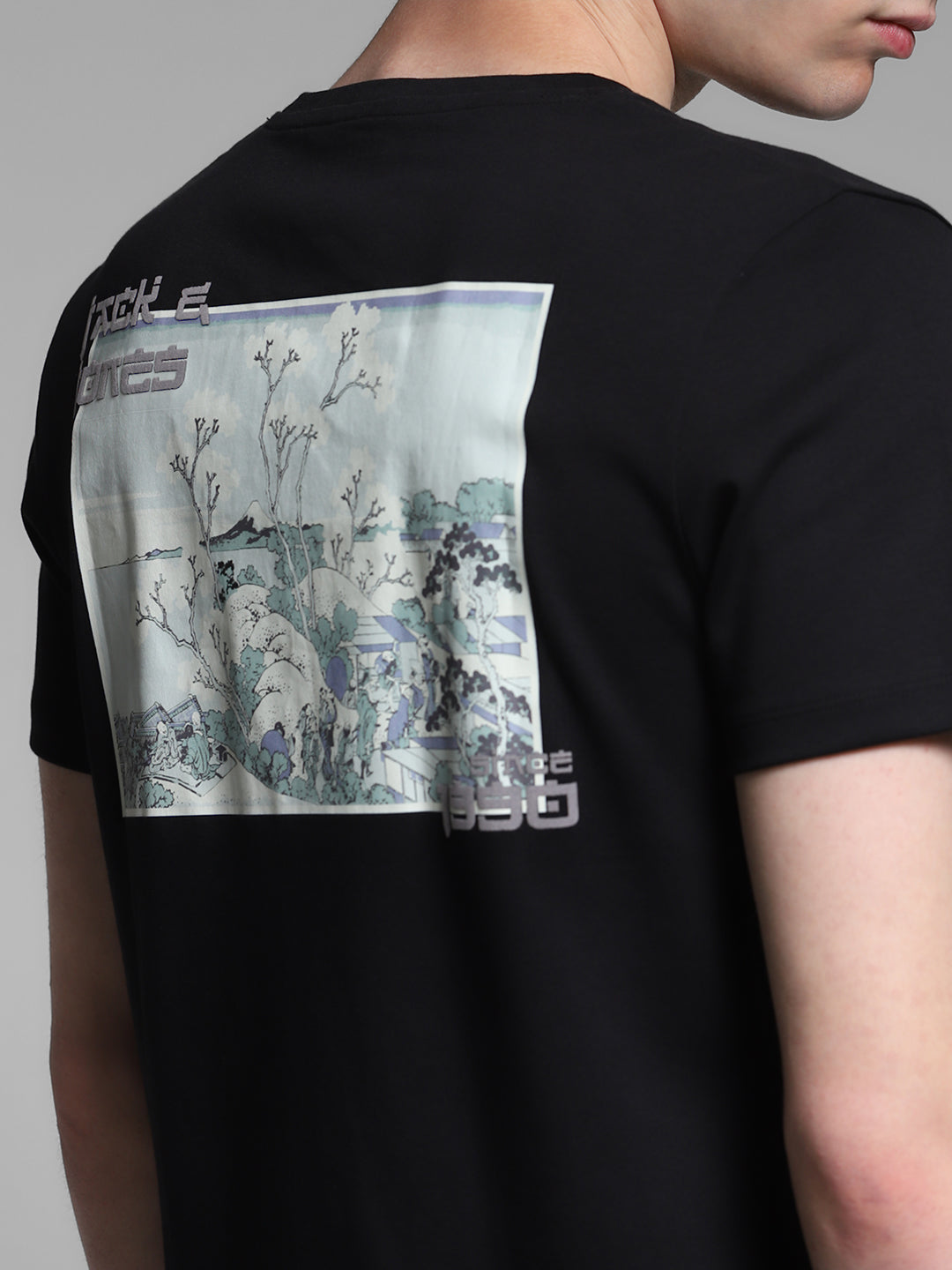 JACK&JONES Black Regular Fit Placement Print T-Shirts