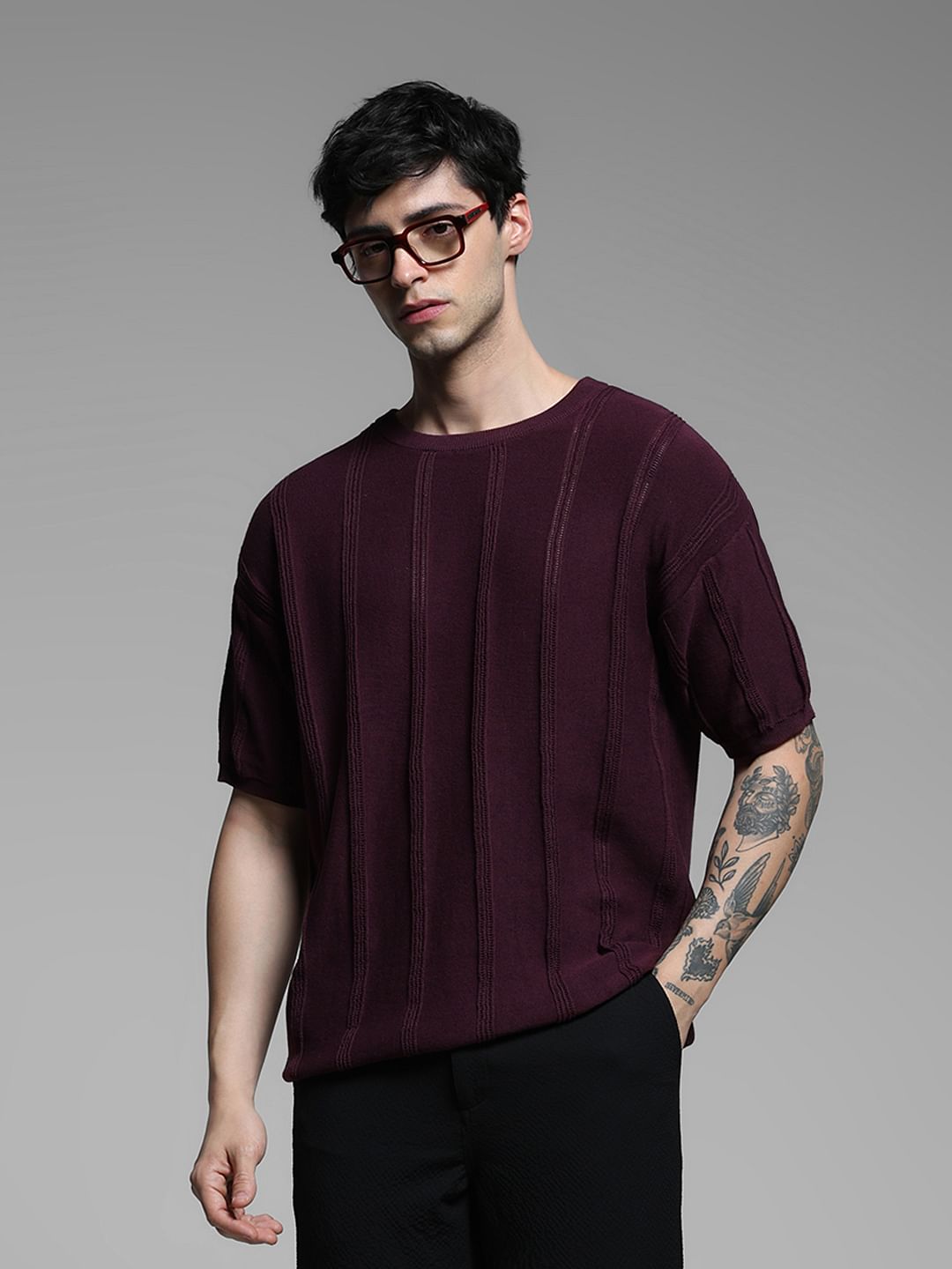 Dark Purple Knitted Crew Neck T-shirt