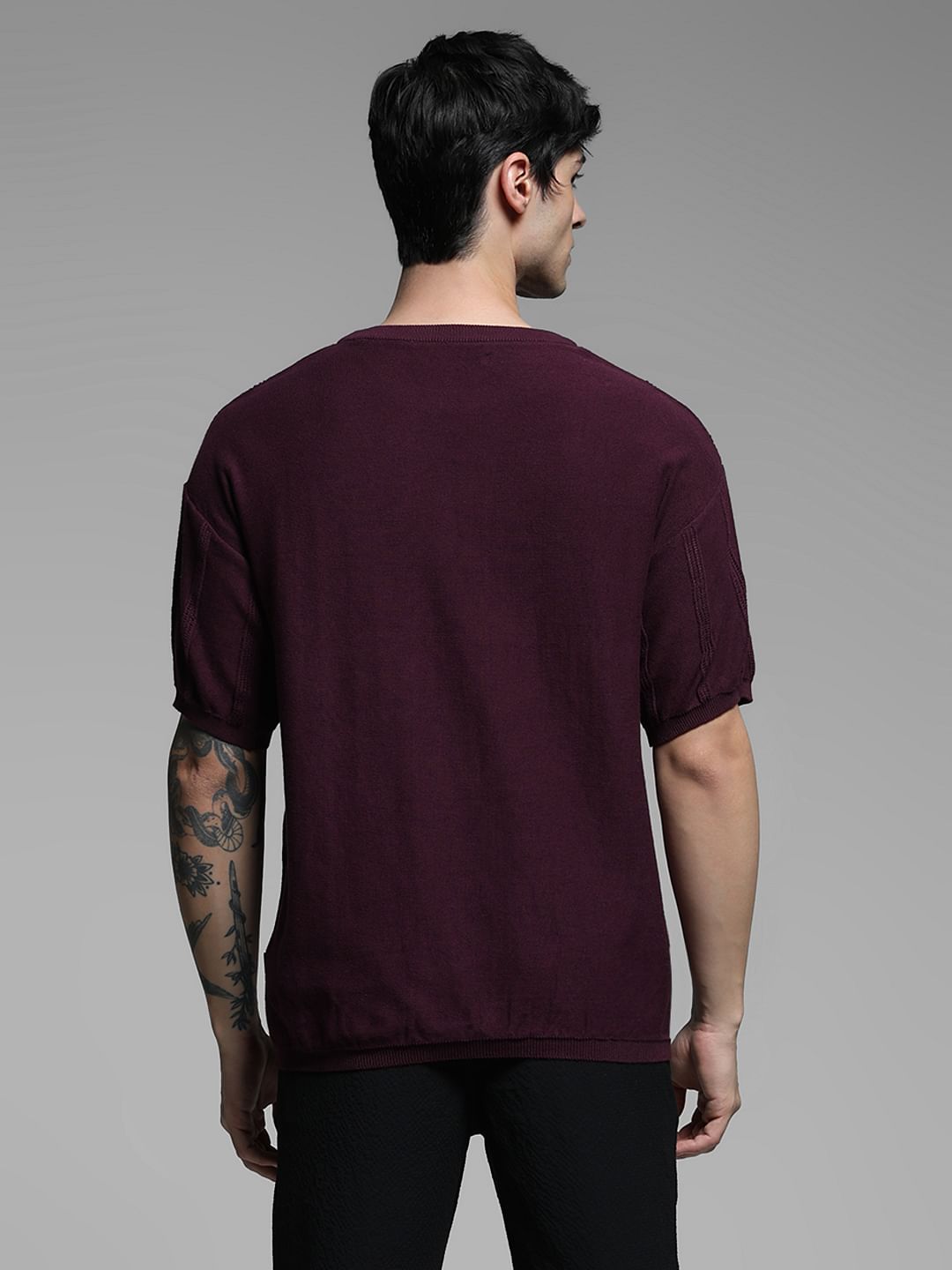 Dark Purple Knitted Crew Neck T-shirt