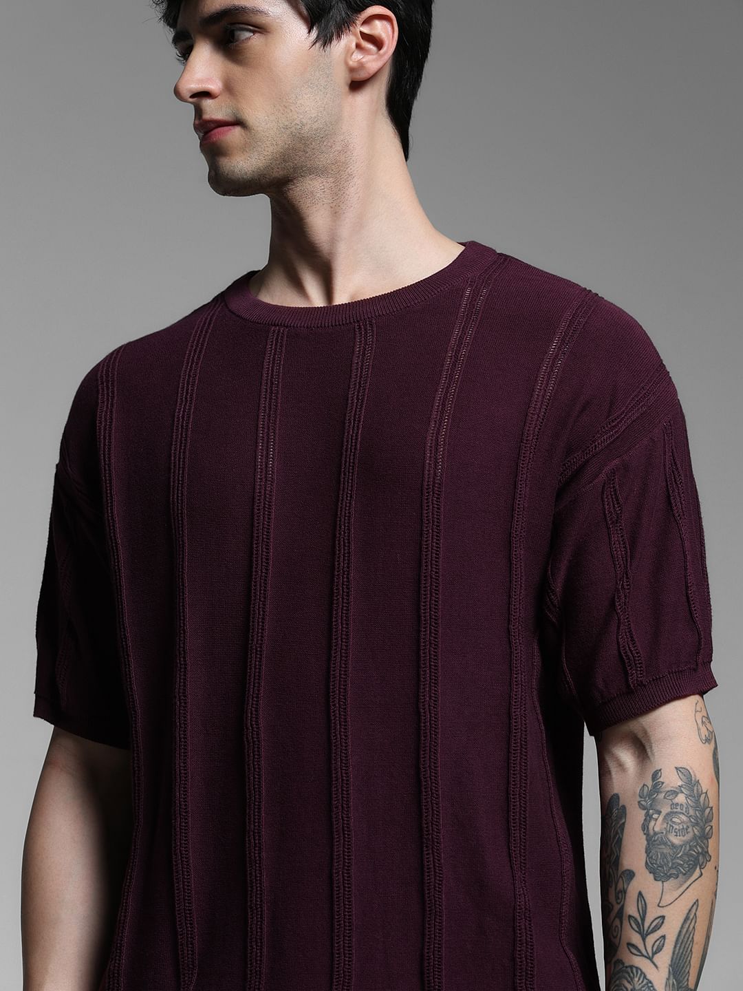 Dark Purple Knitted Crew Neck T-shirt