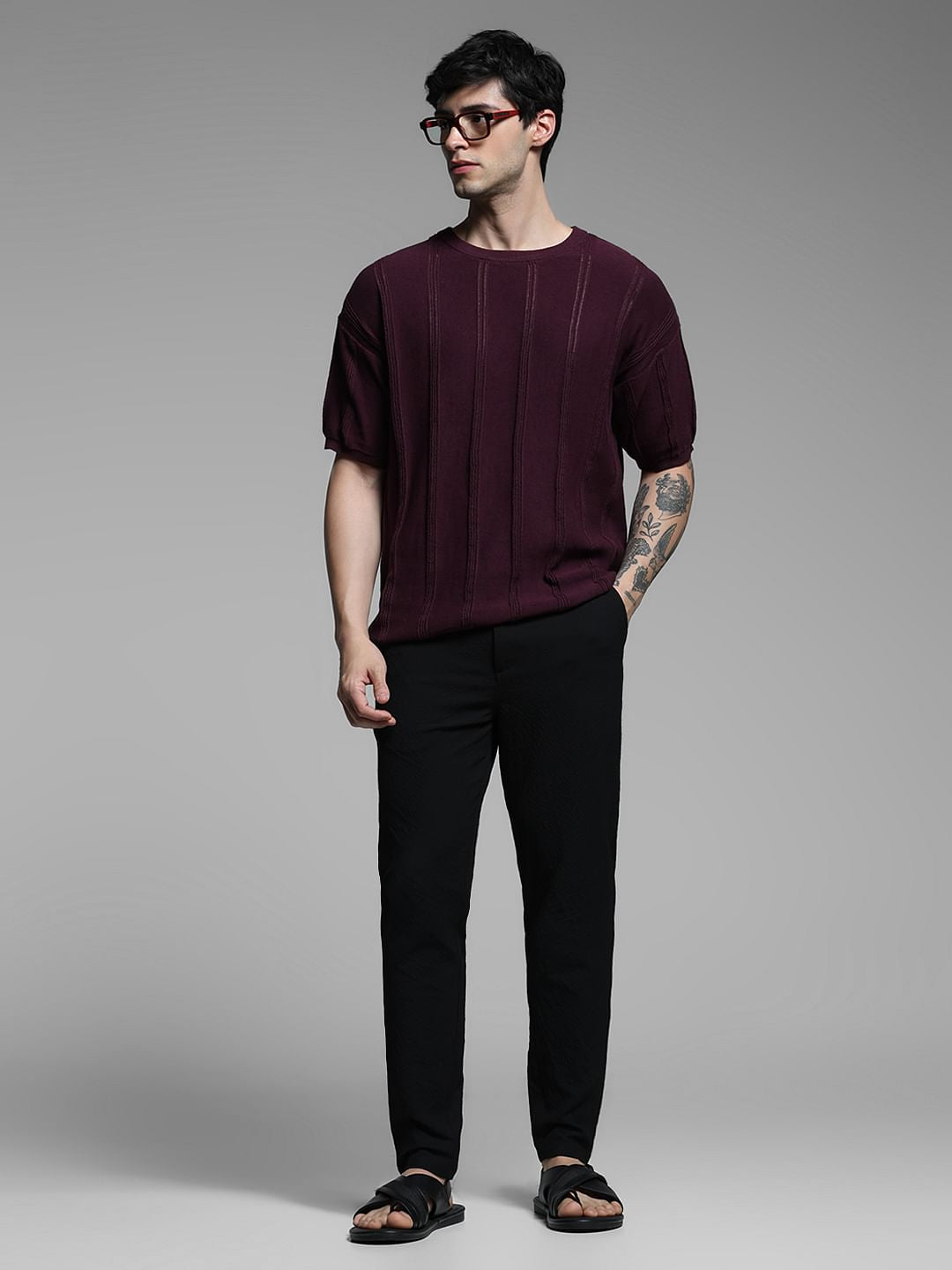Dark Purple Knitted Crew Neck T-shirt