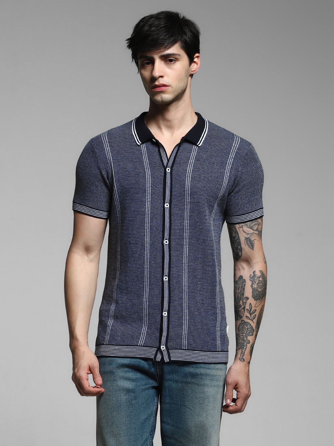 Navy Front Open Knit Polo