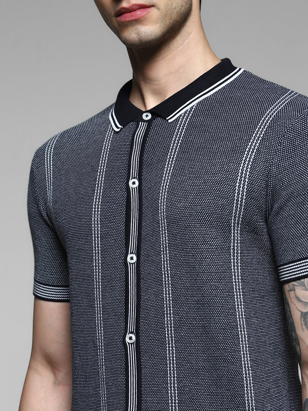 Navy Front Open Knit Polo