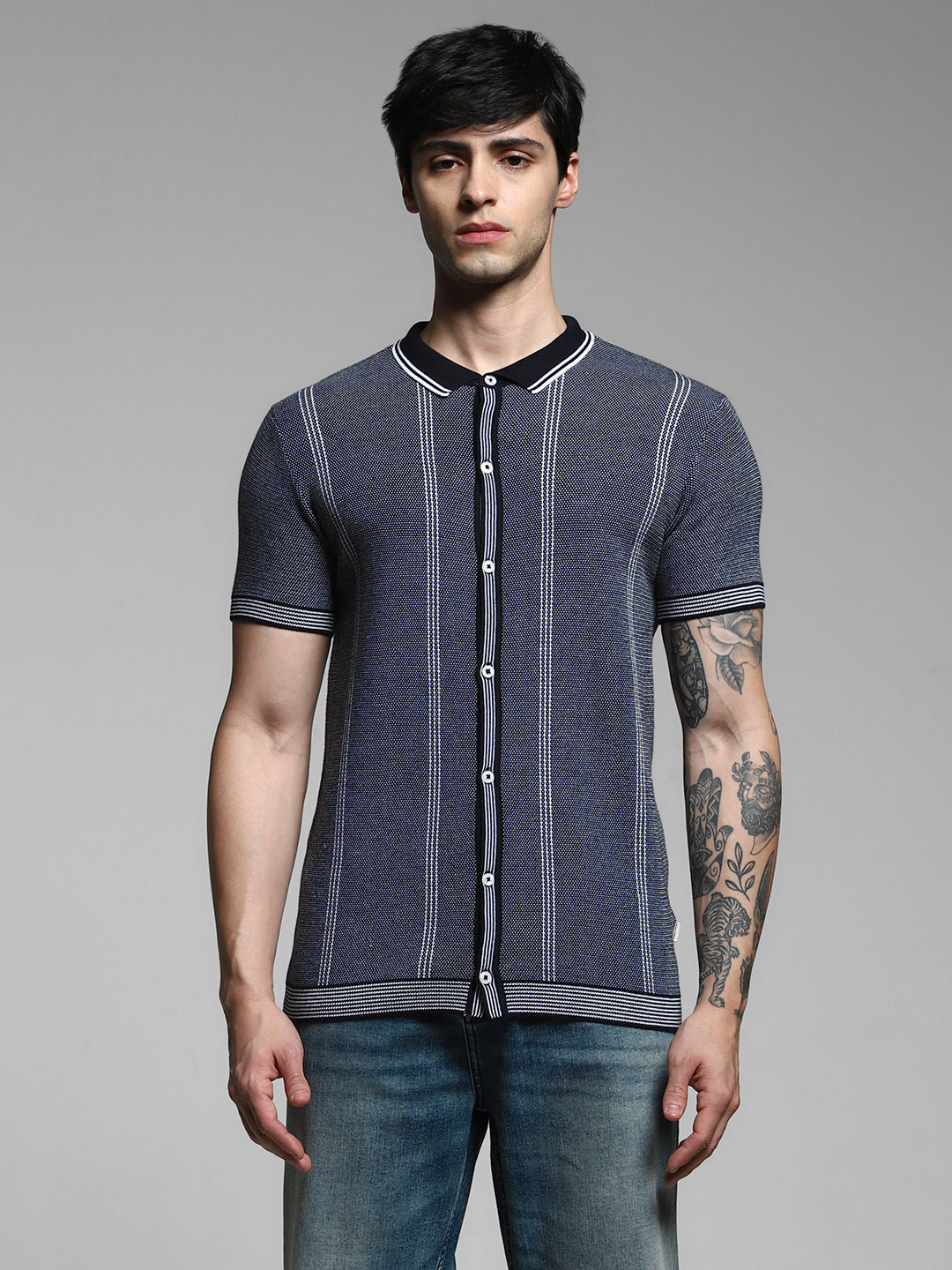 Navy Front Open Knit Polo