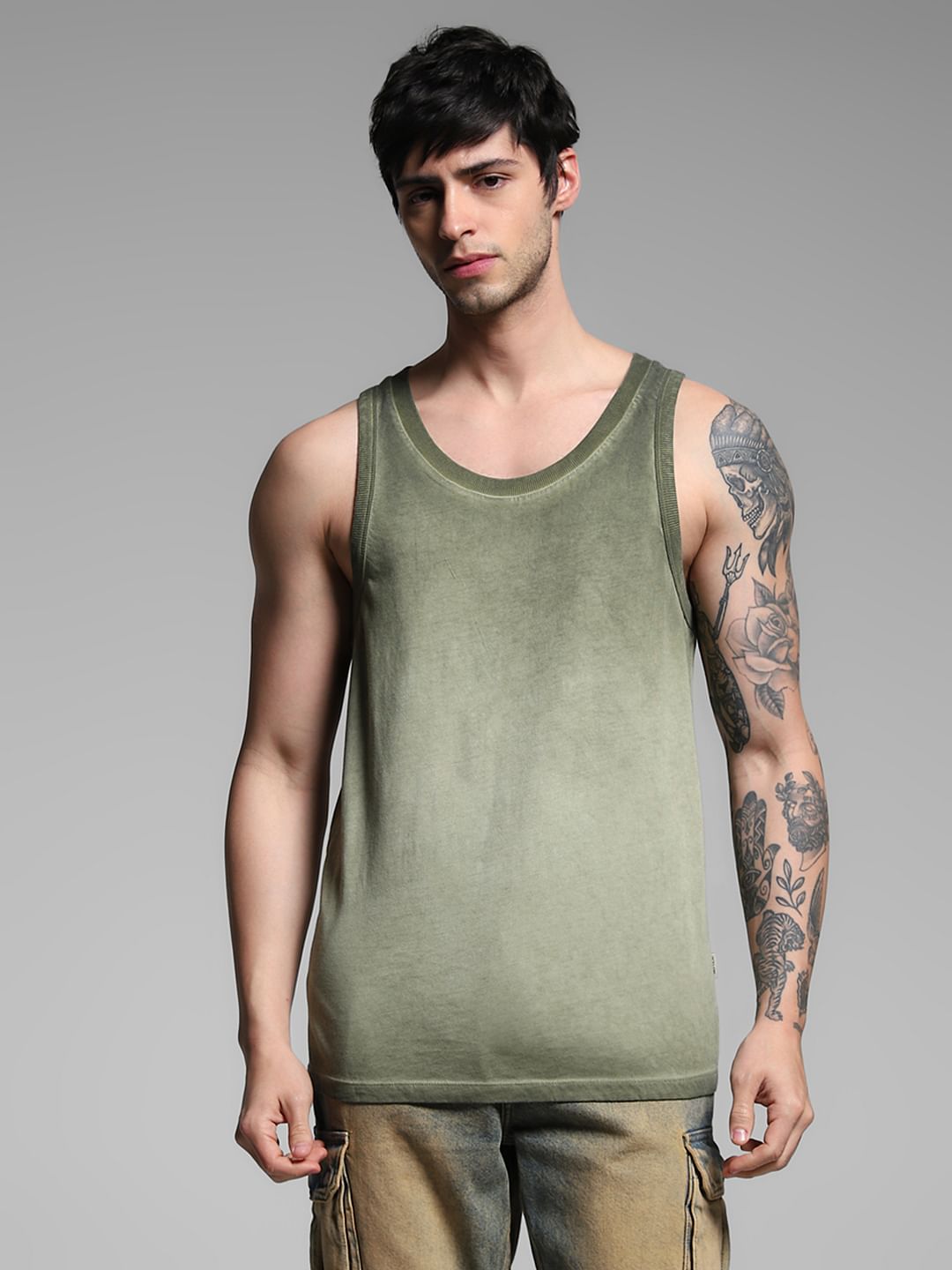 Green Washed Crew Neck Cotton Vest