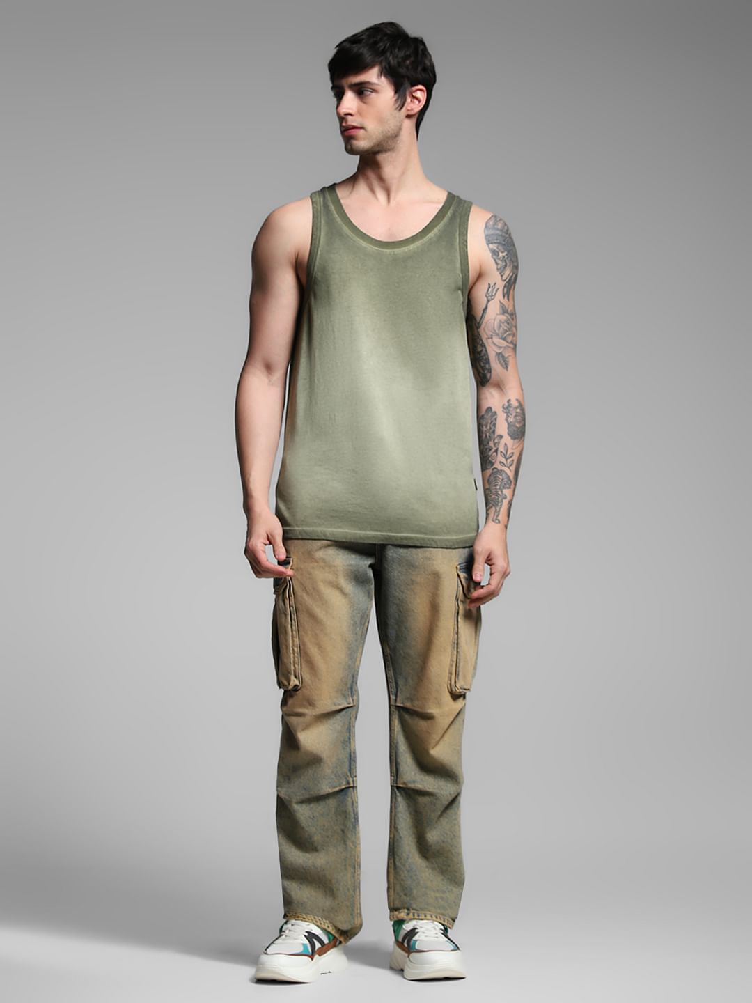 Green Washed Crew Neck Cotton Vest
