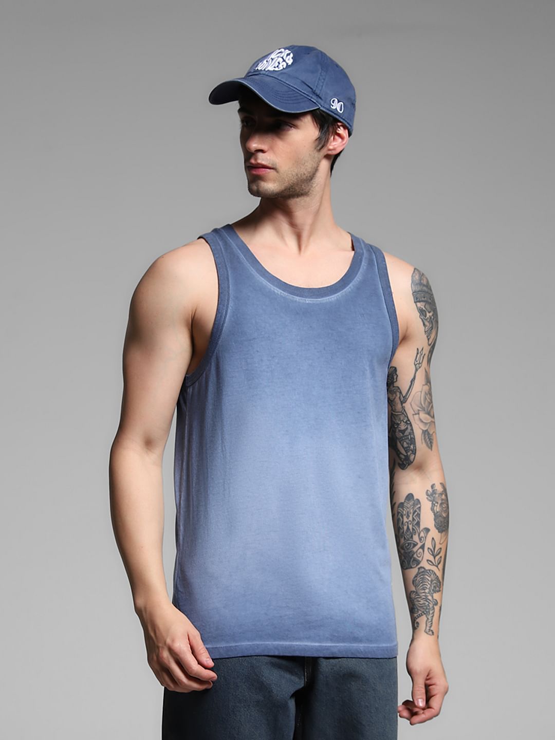 Blue Washed Crew Neck Cotton Vest - S