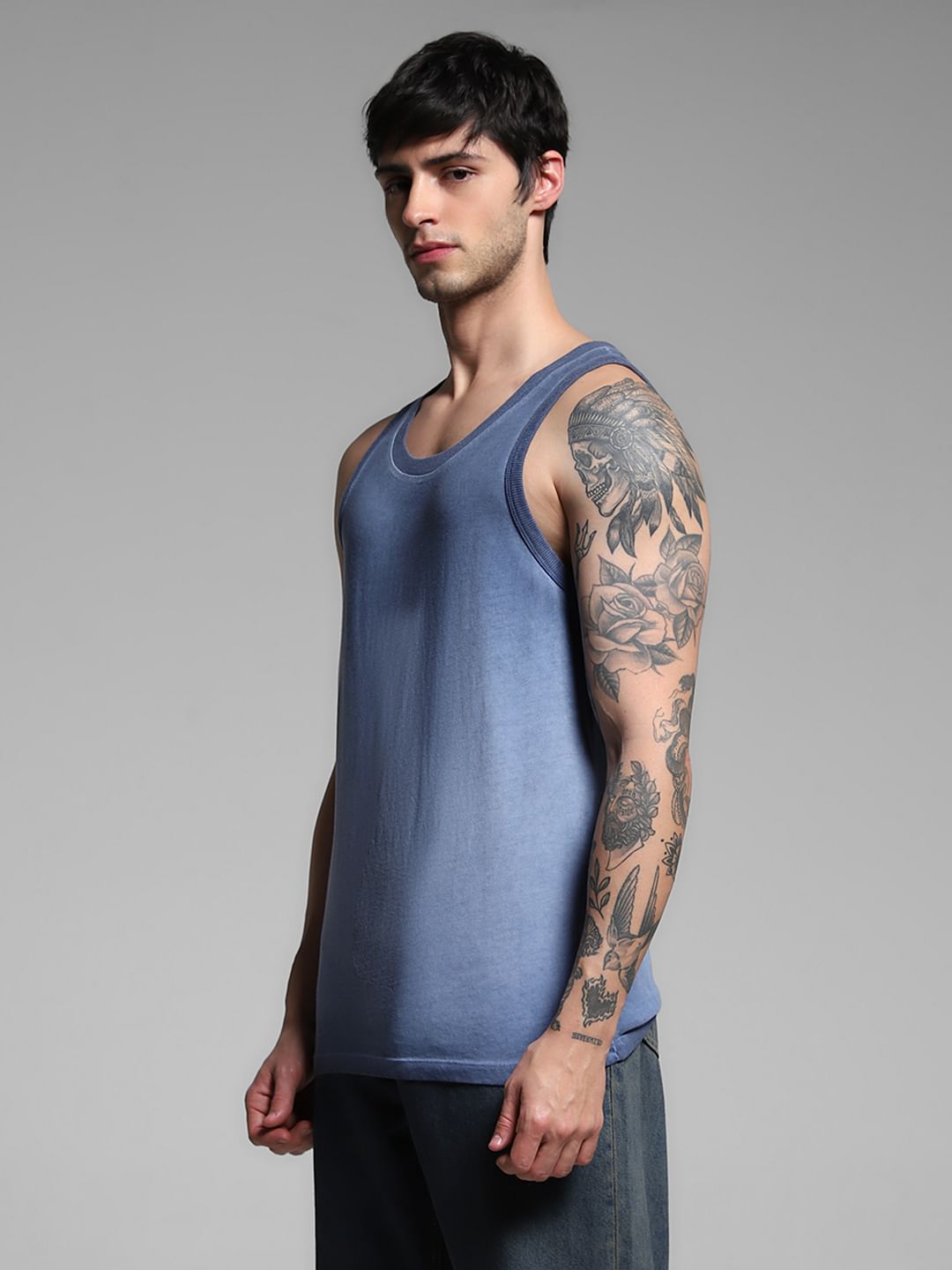 Blue Washed Crew Neck Cotton Vest