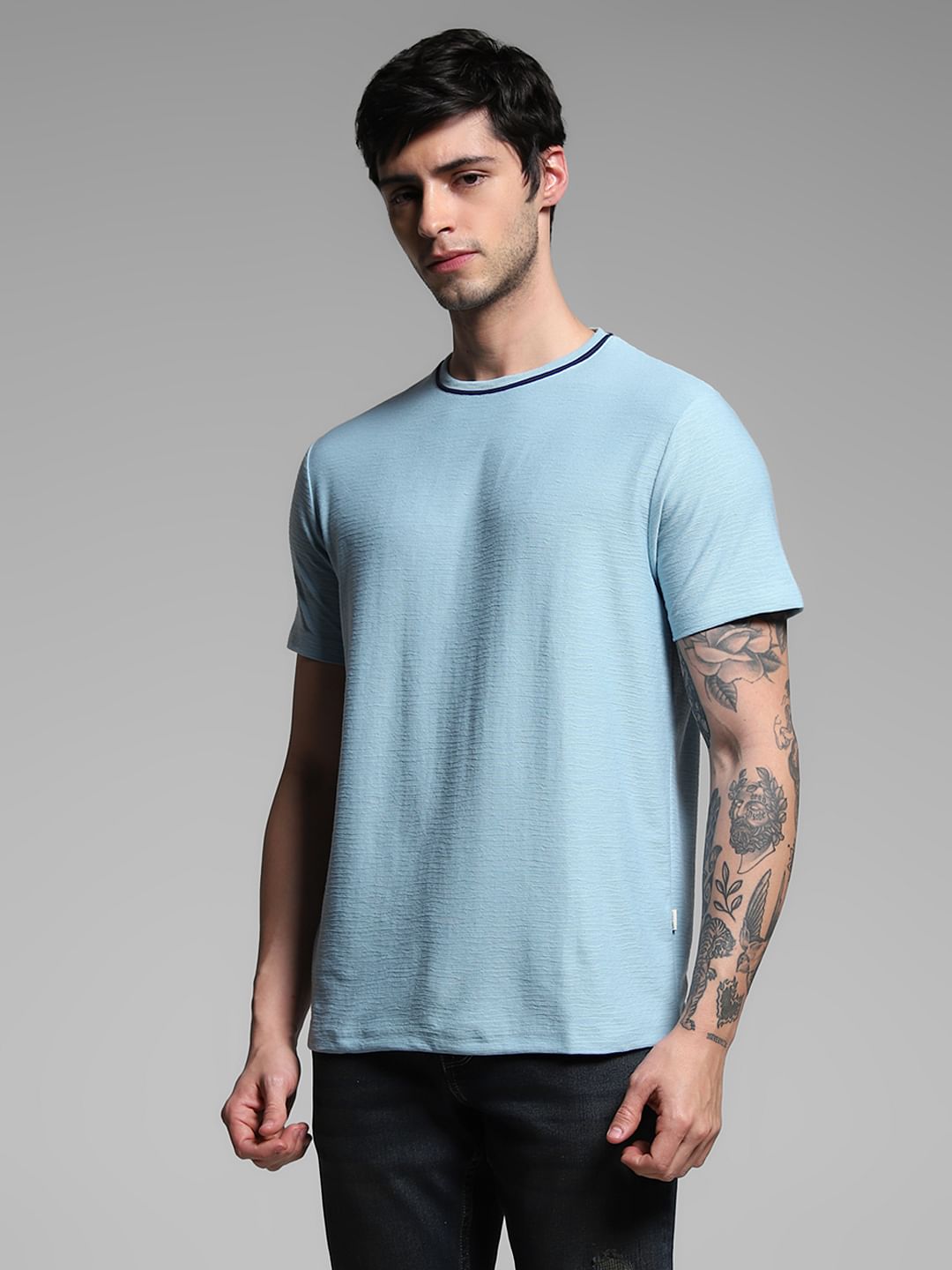 Light Blue Jacquard Crew Neck T-shirt