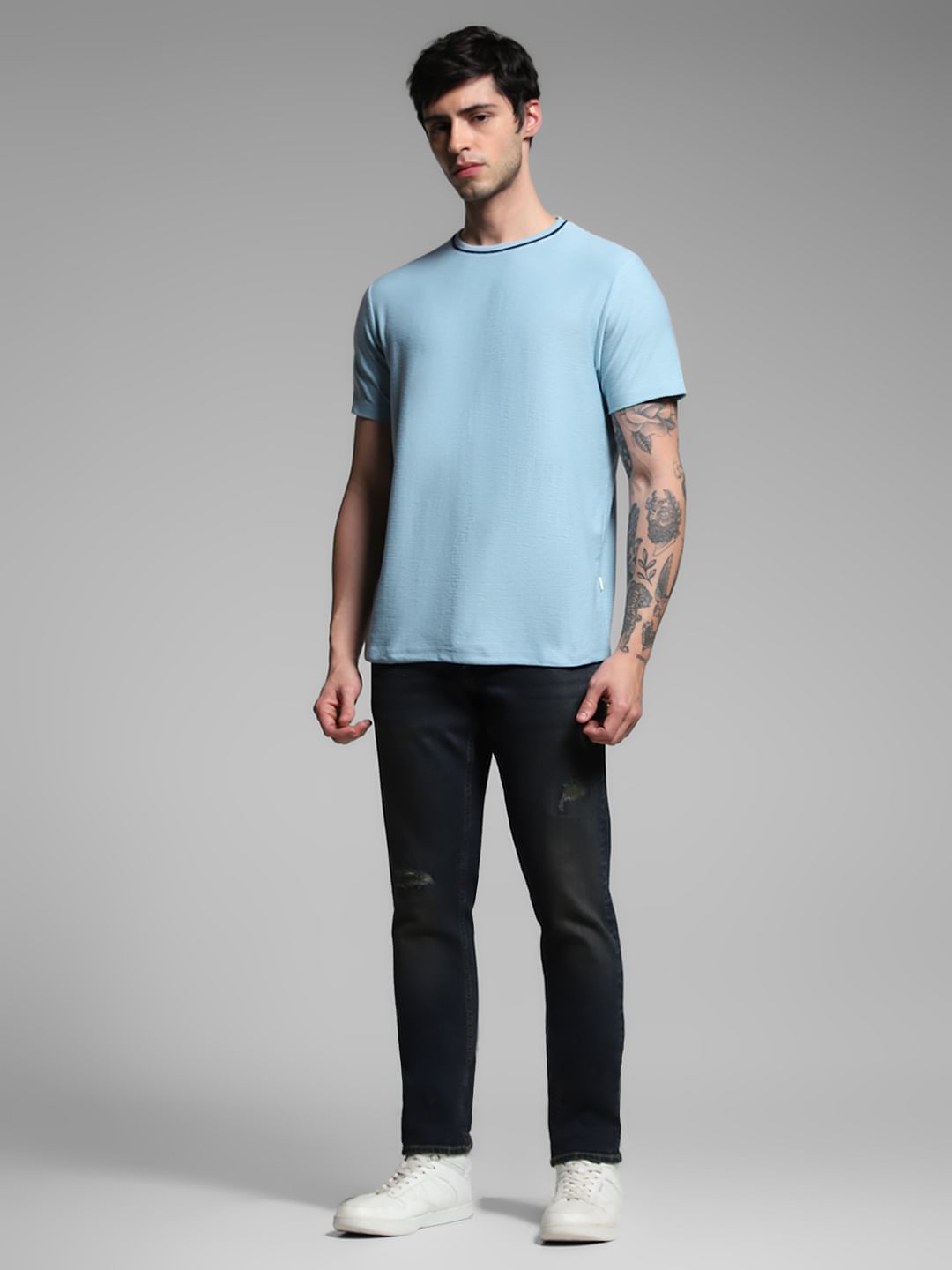 Light Blue Jacquard Crew Neck T-shirt