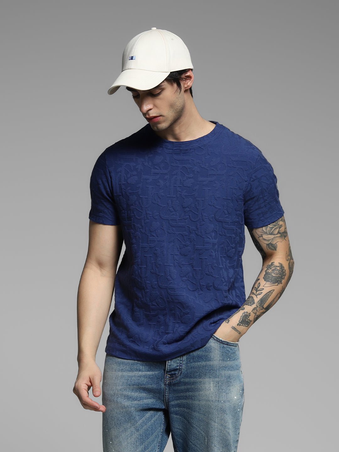 Men's Navy Blue Jacquard Crew Neck Regular Fit T-Shirt - S