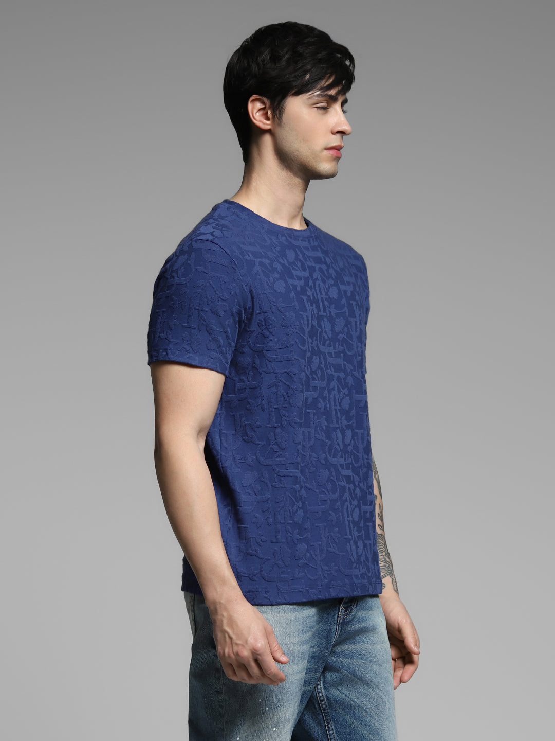 Men's Navy Blue Jacquard Crew Neck Regular Fit T-Shirt