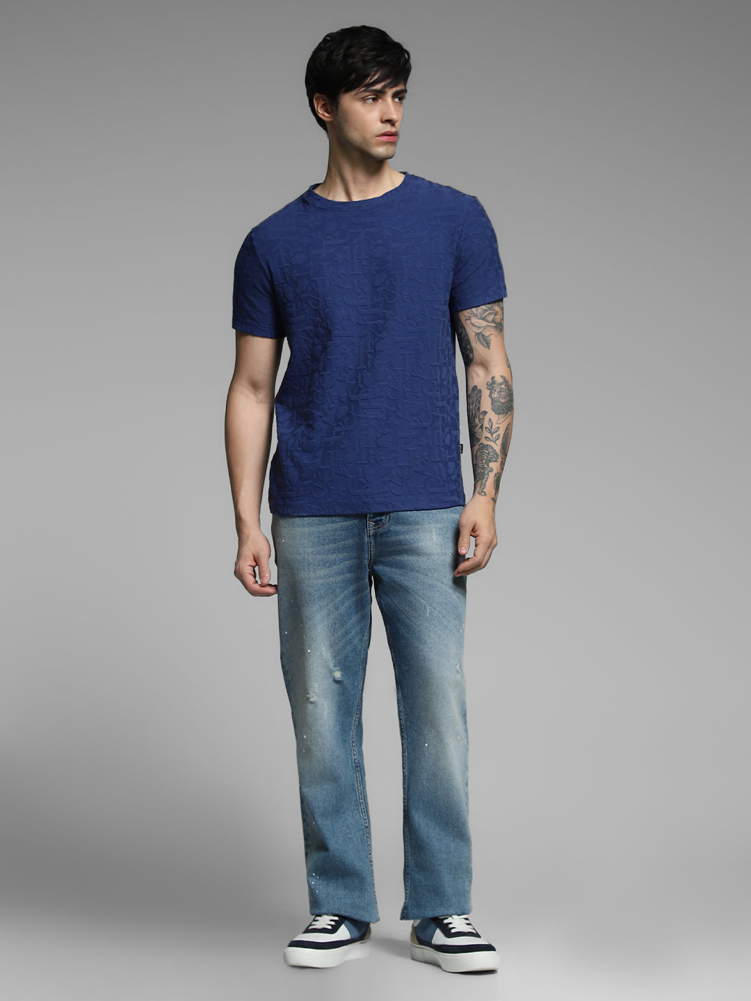 Men's Navy Blue Jacquard Crew Neck Regular Fit T-Shirt