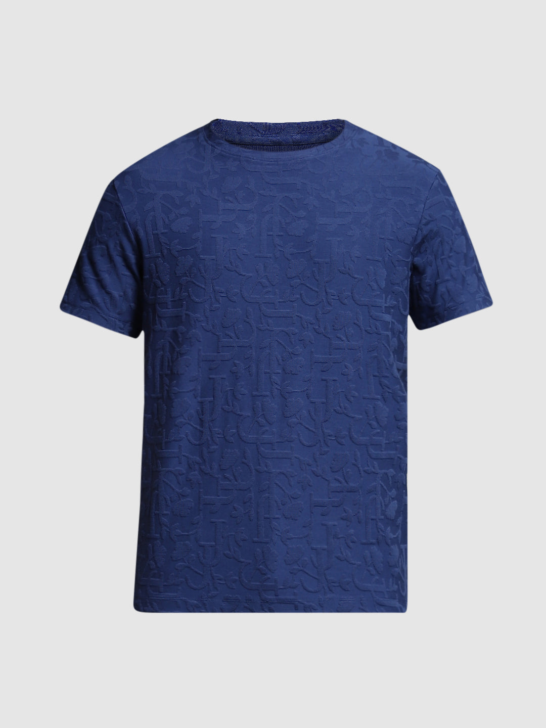 Men's Navy Blue Jacquard Crew Neck Regular Fit T-Shirt