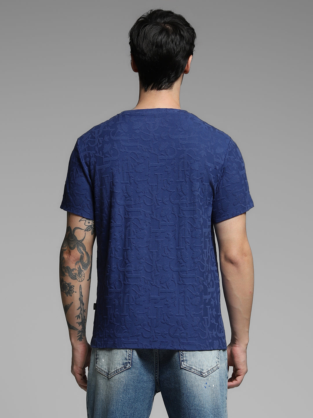 Men's Navy Blue Jacquard Crew Neck Regular Fit T-Shirt