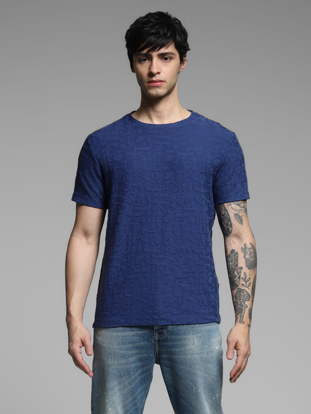Men's Navy Blue Jacquard Crew Neck Regular Fit T-Shirt