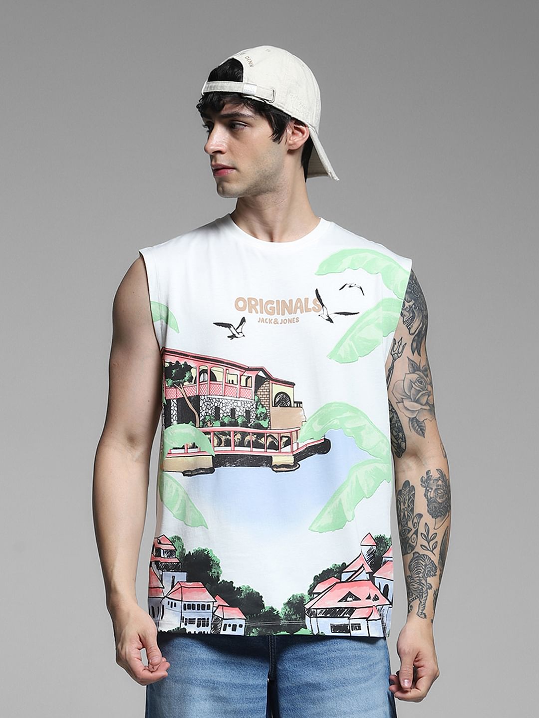 White Graphic Print Cotton Vest - M
