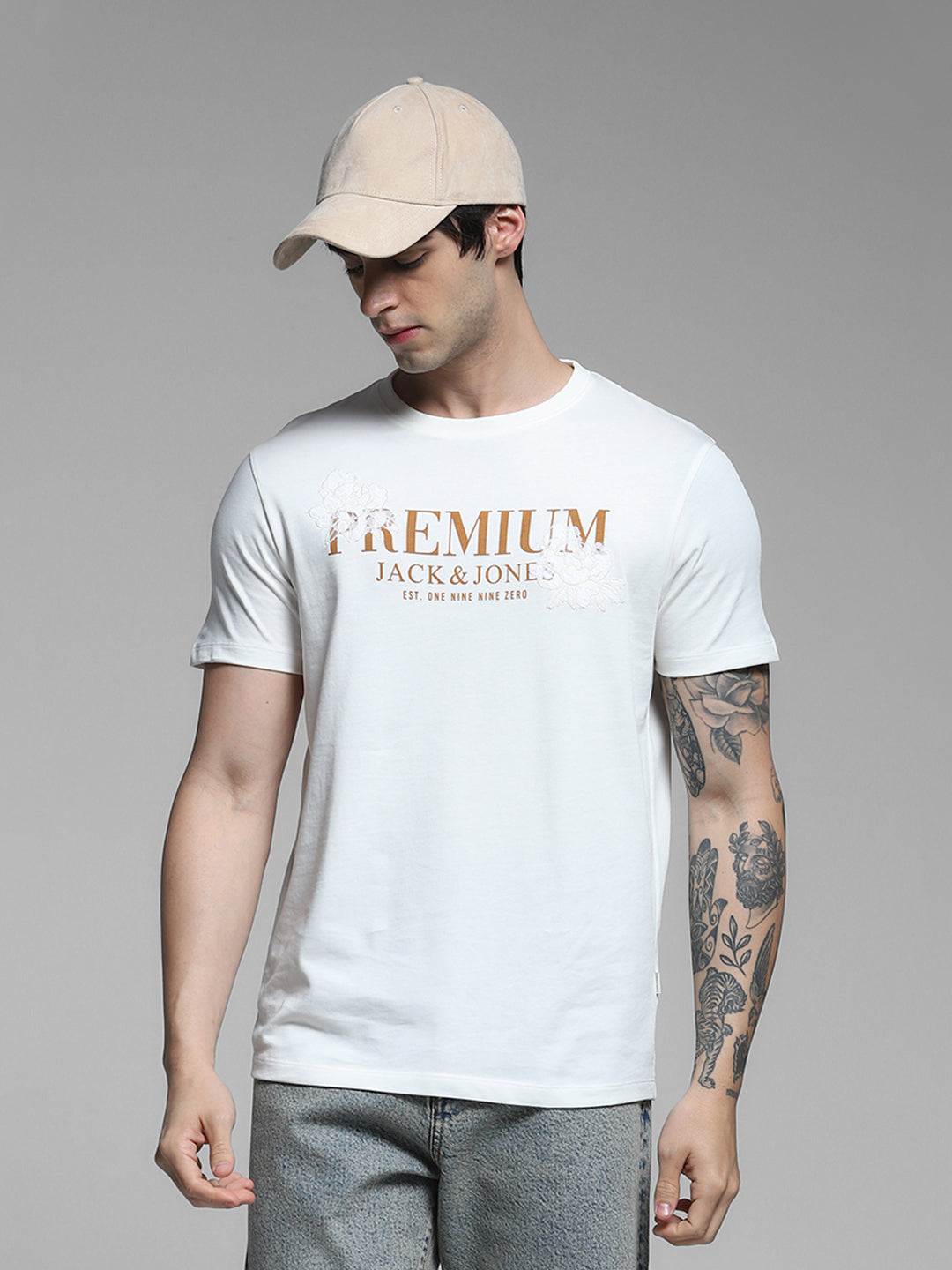 JACK&JONES White Regular Fit Typography T-Shirts