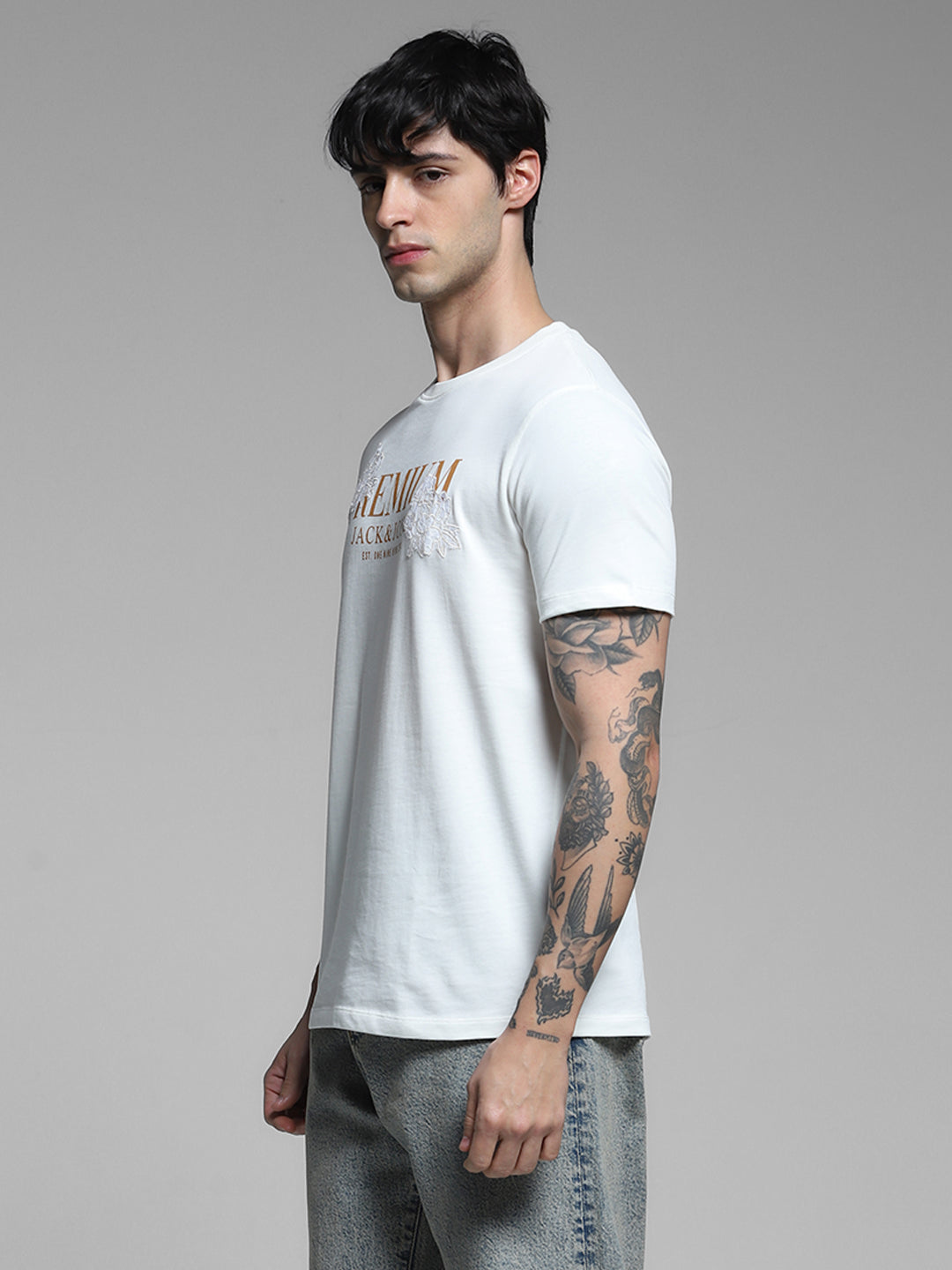 JACK&JONES White Regular Fit Typography T-Shirts
