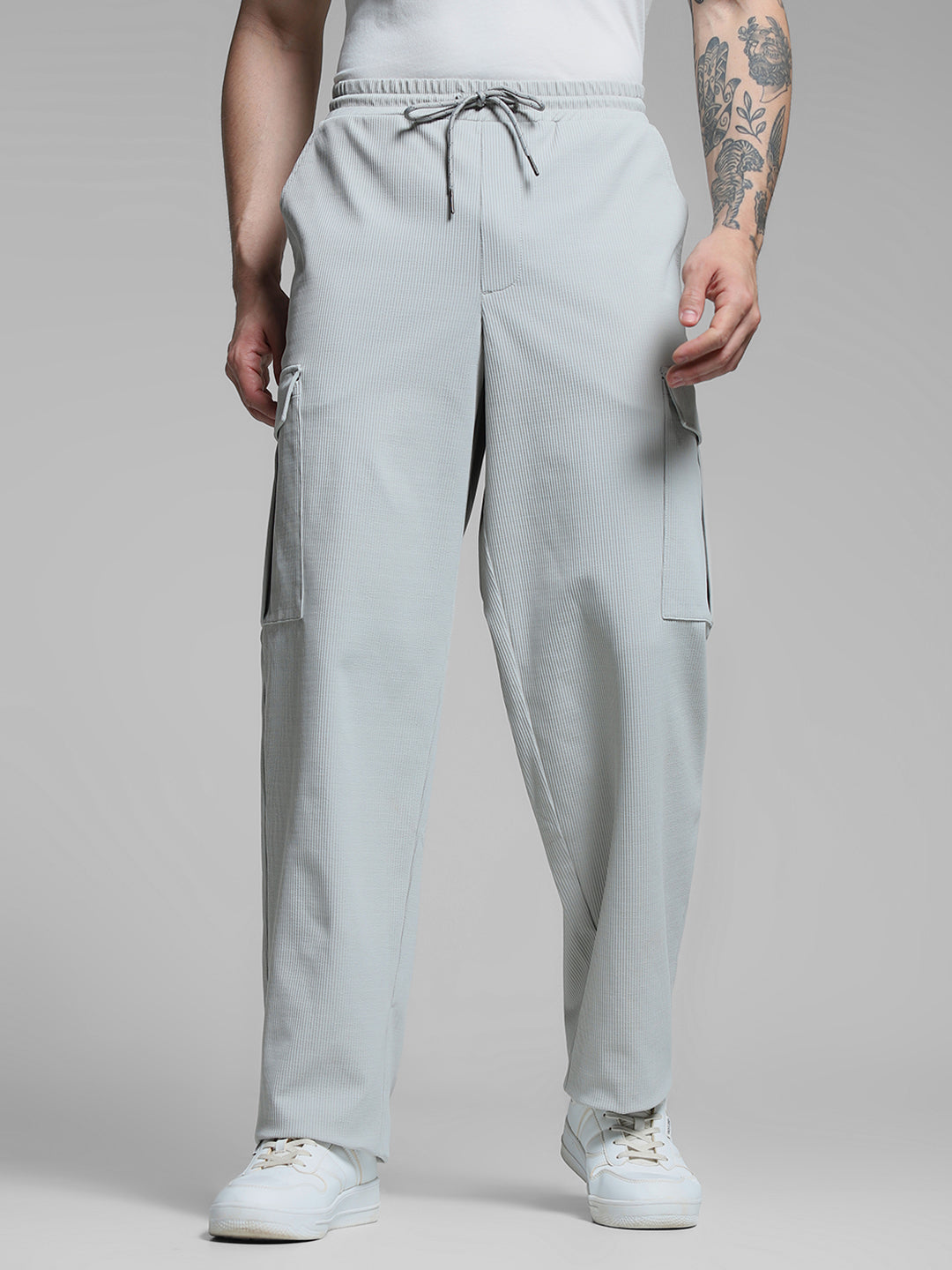 Grey Mid Rise Regular Fit Cargos - L