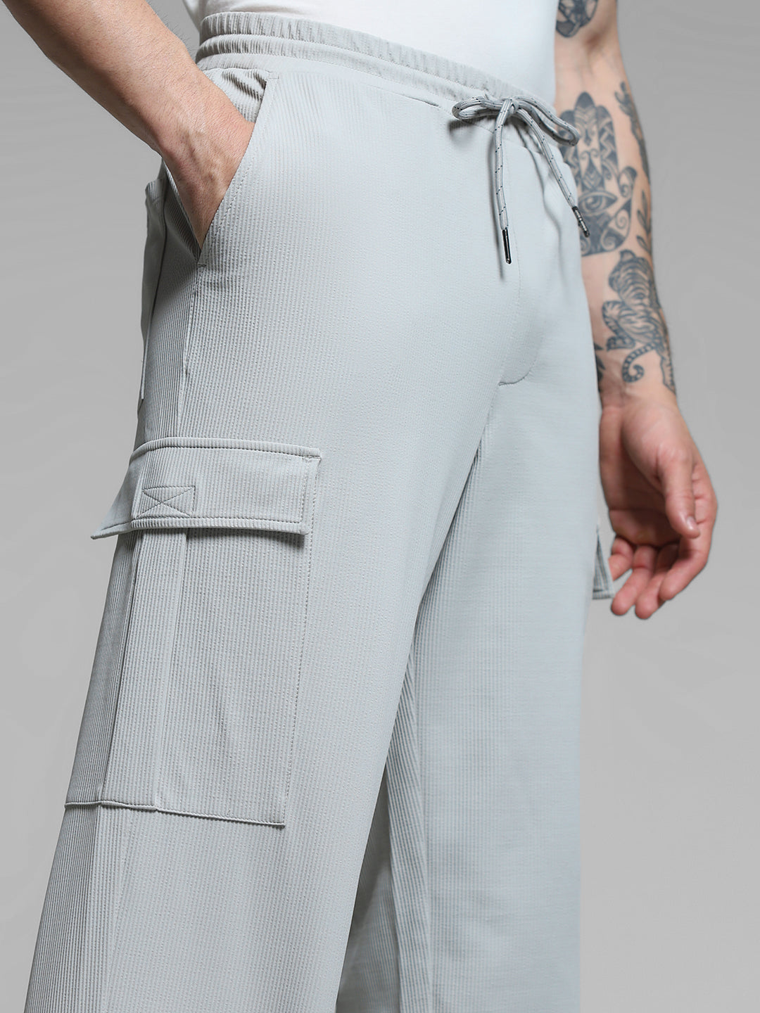 Grey Mid Rise Regular Fit Cargos