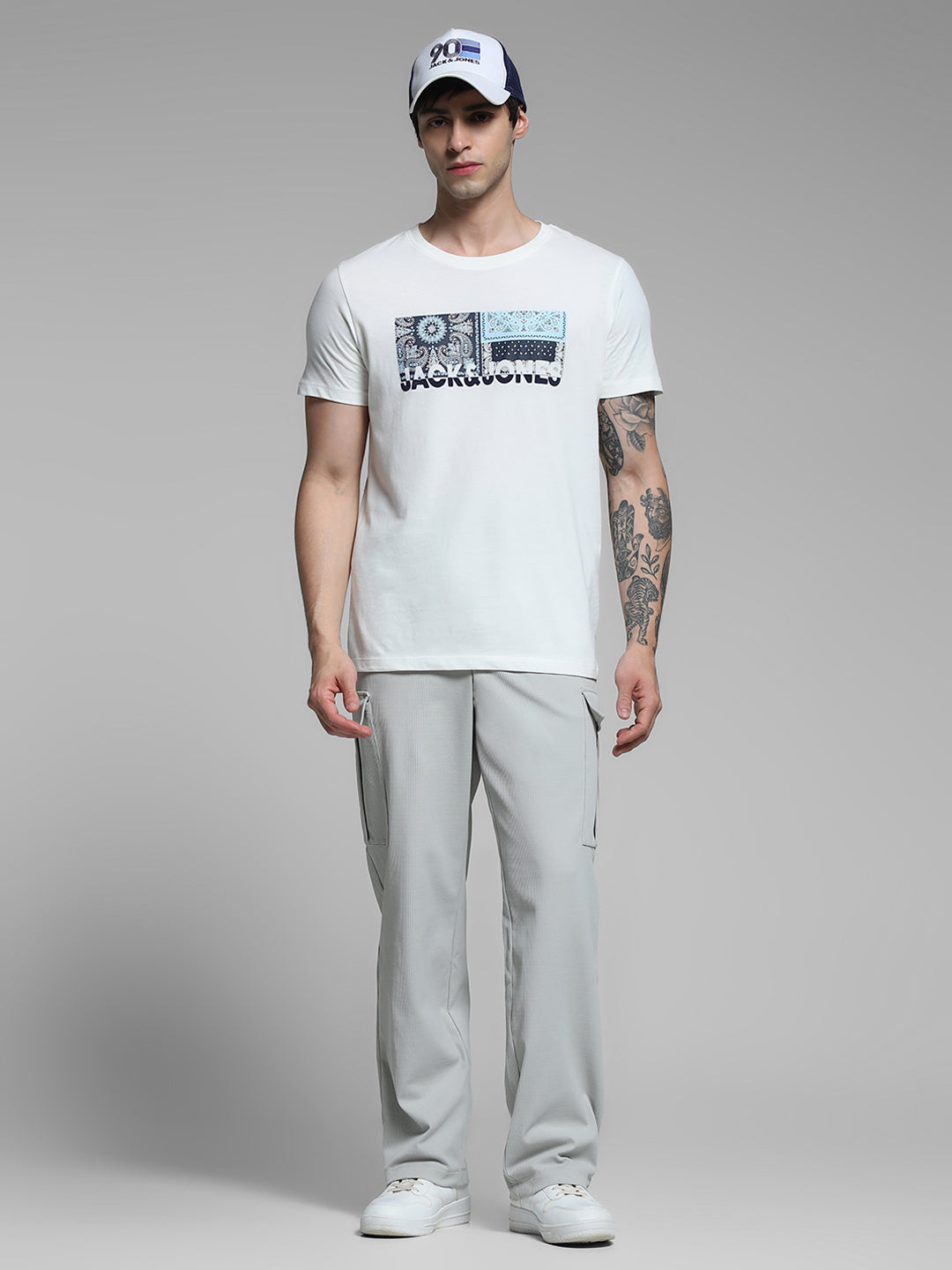 Grey Mid Rise Regular Fit Cargos