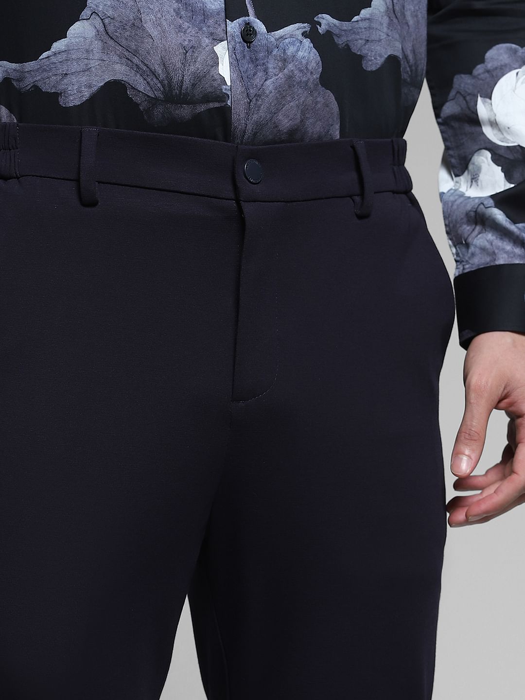 Navy Blue Mid Rise Slim Fit Pants