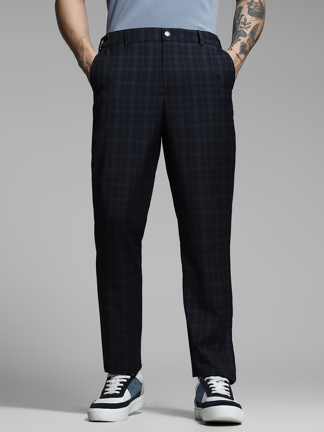 Navy Blue Check Print Pants - S