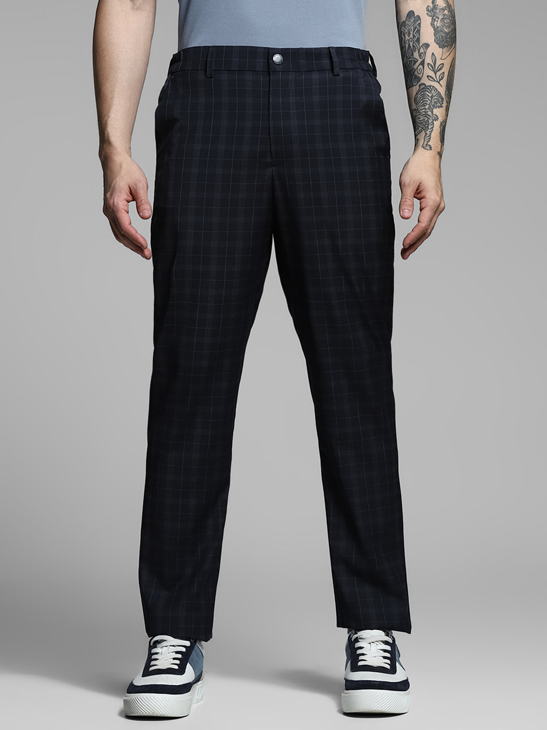 Navy Blue Check Print Pants