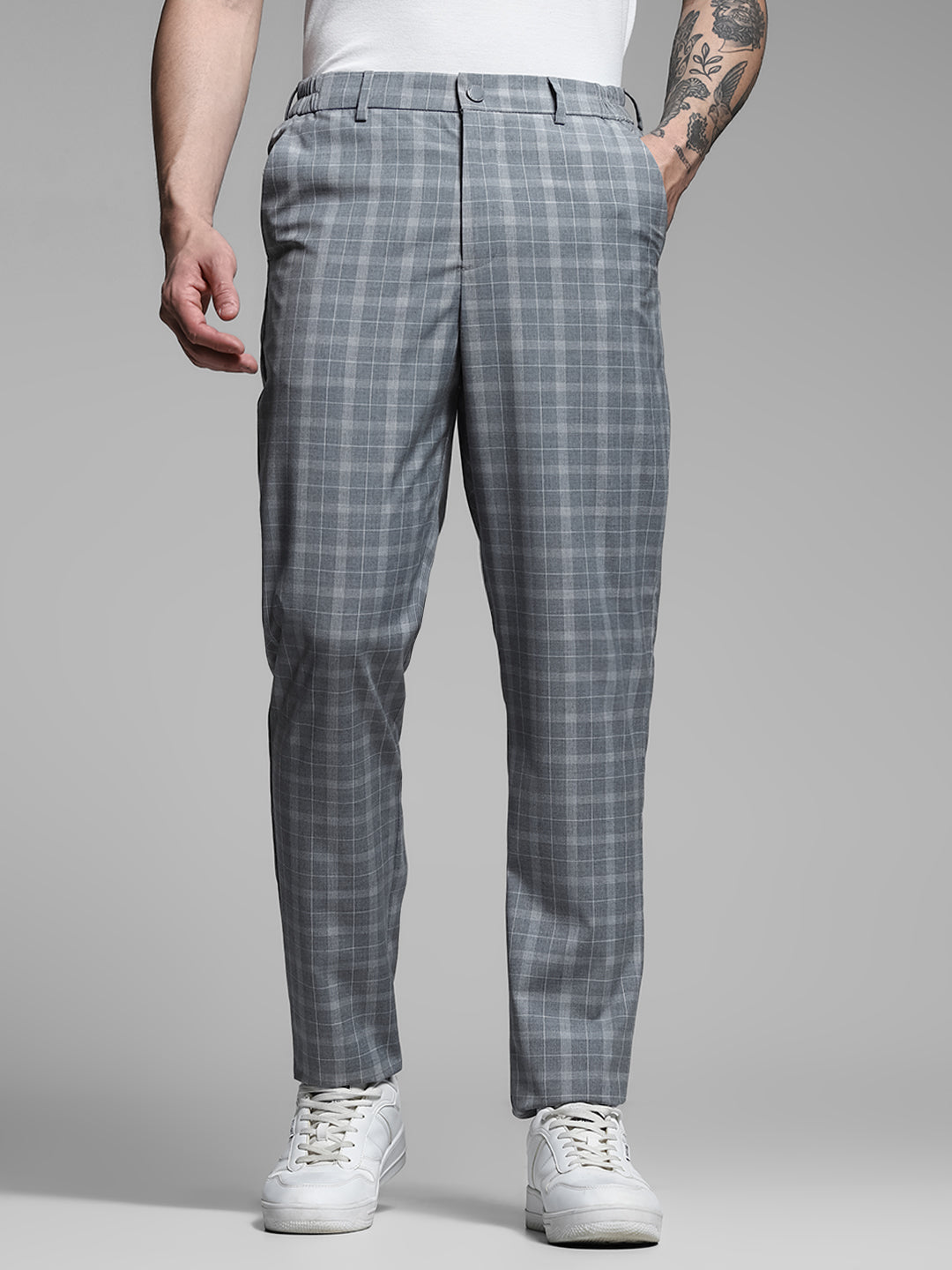 Light Grey Check Print Pants - L