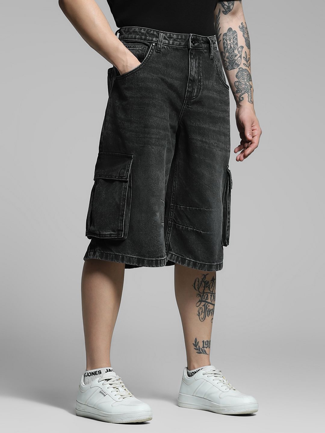 Black Korean Cargo Denim Shorts