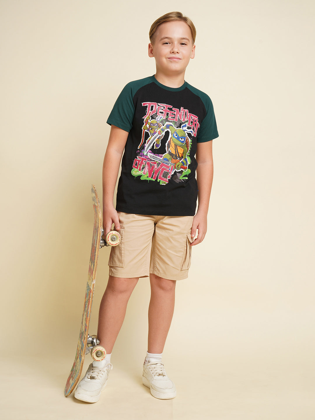 Boys Cotton Jet Black Graphic Chest Print Raglan T-Shirt