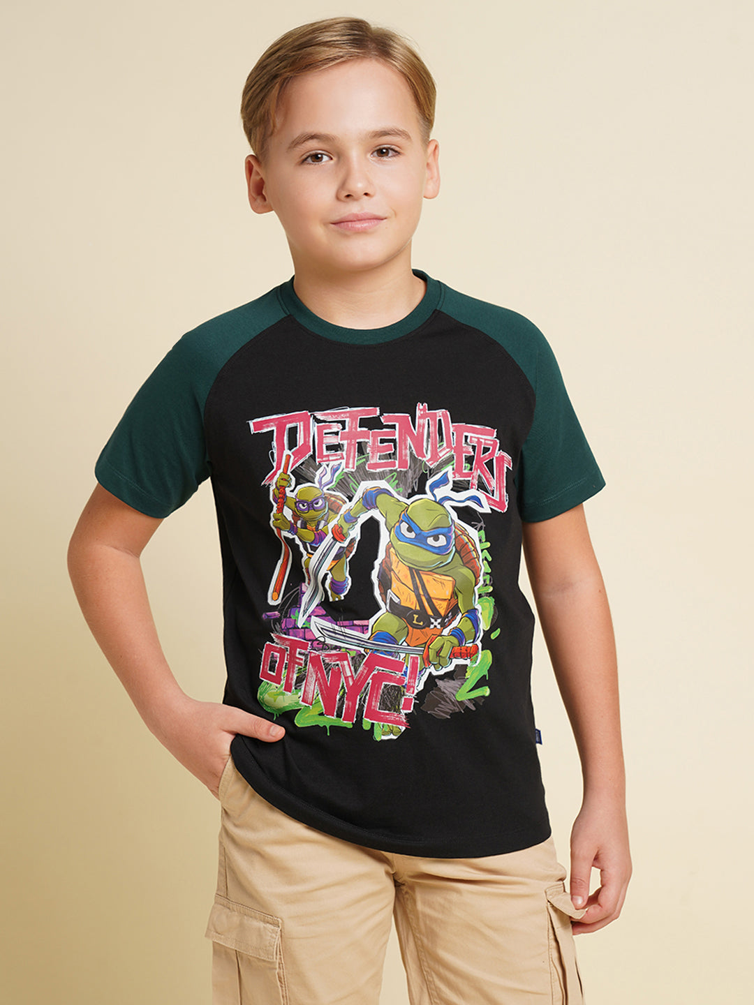 Boys Cotton Jet Black Graphic Chest Print Raglan T-Shirt
