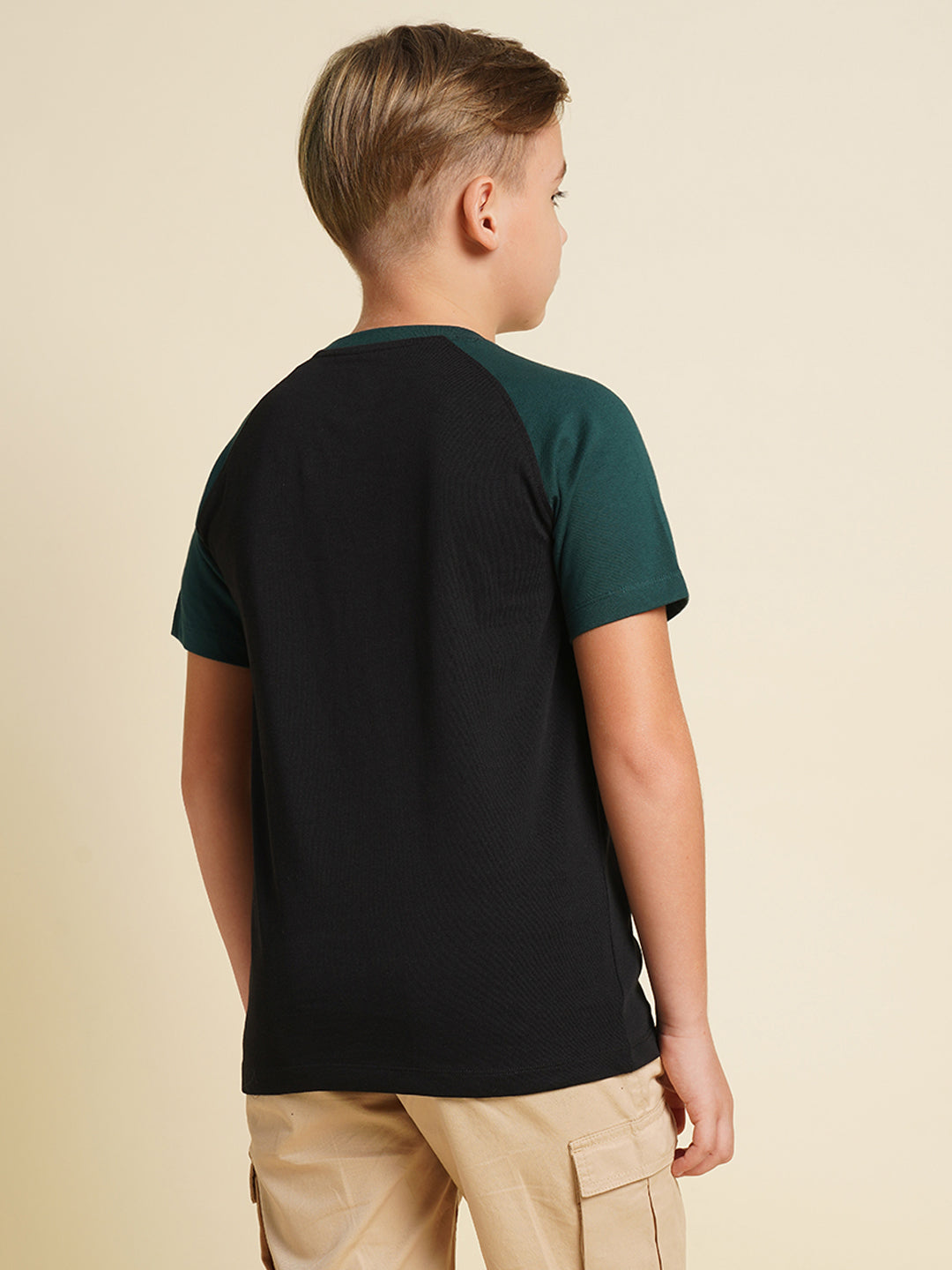 Boys Cotton Jet Black Graphic Chest Print Raglan T-Shirt