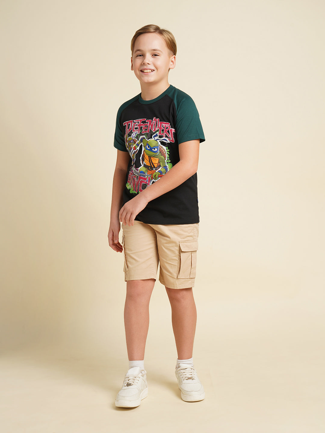 Boys Cotton Jet Black Graphic Chest Print Raglan T-Shirt