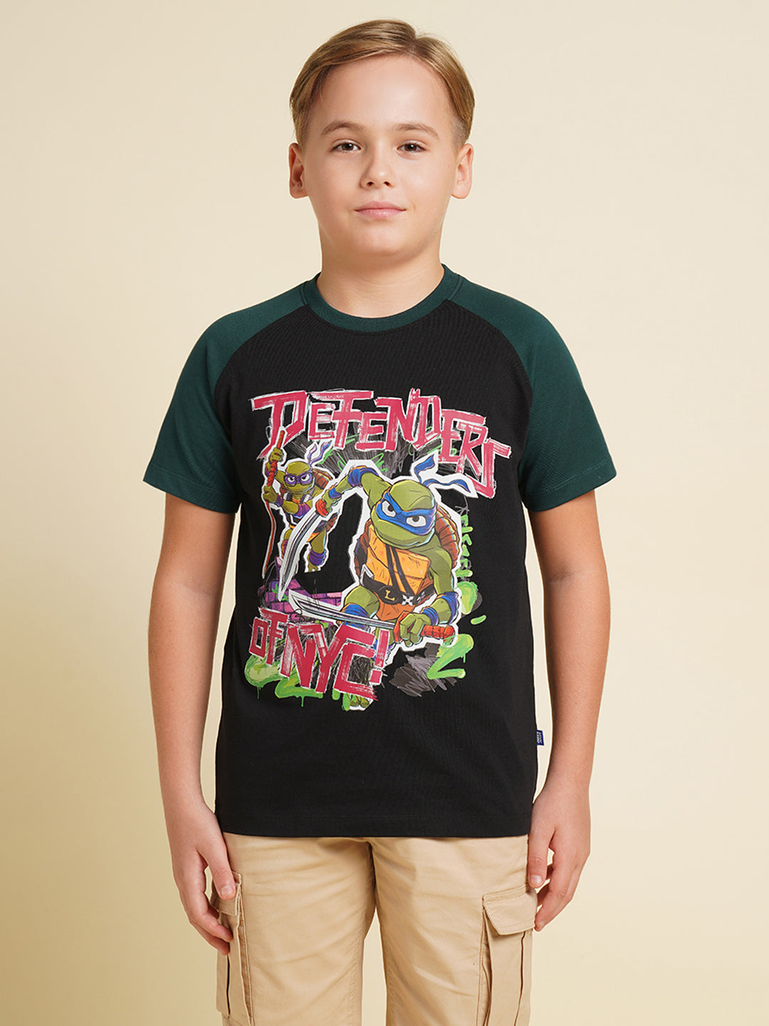 Boys Cotton Jet Black Graphic Chest Print Raglan T-Shirt